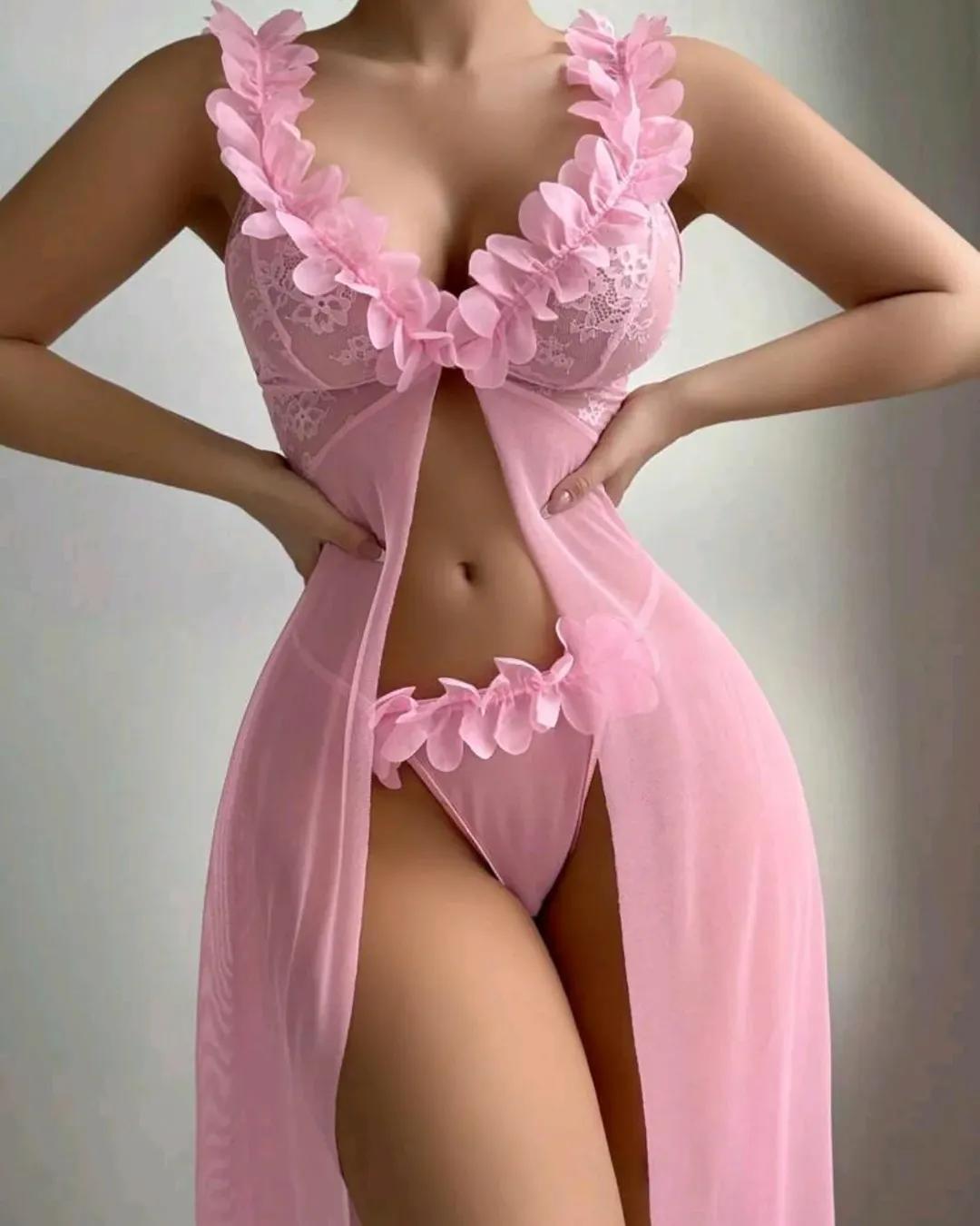 Elegant Petal Mesh Bodysuit with Suspender Skirt, Lingerie Dress Set for Women, Sexy Pajama Style