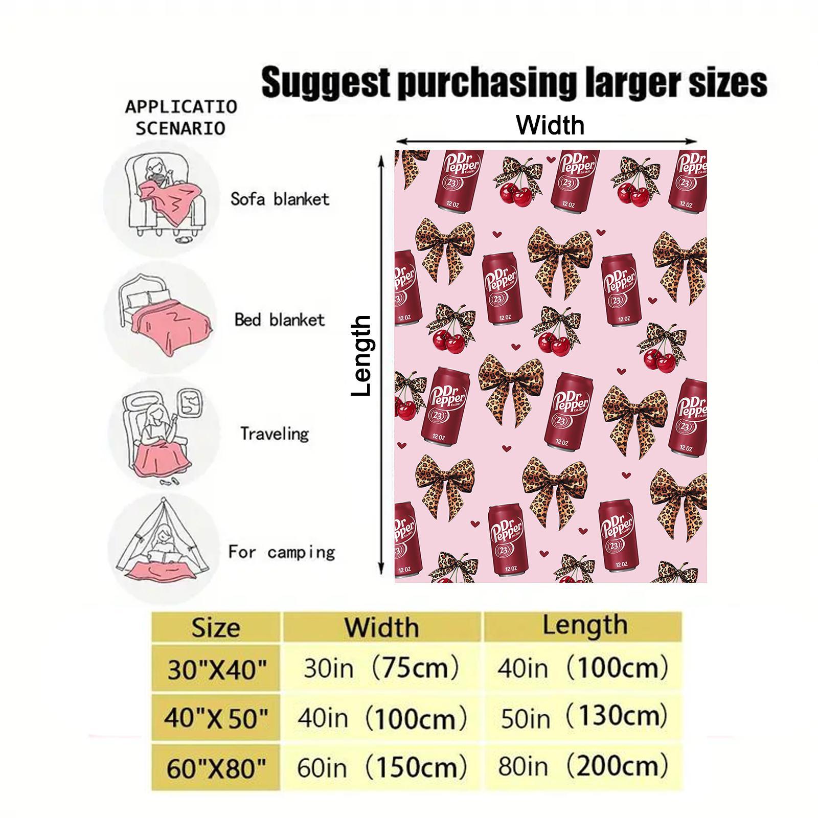 Dr Pepper Flannel Leopard print bow Throw Blanket cozy soft fluffy blanket decorative giftable soft fleece blanket figure print slogan reversible fluffy