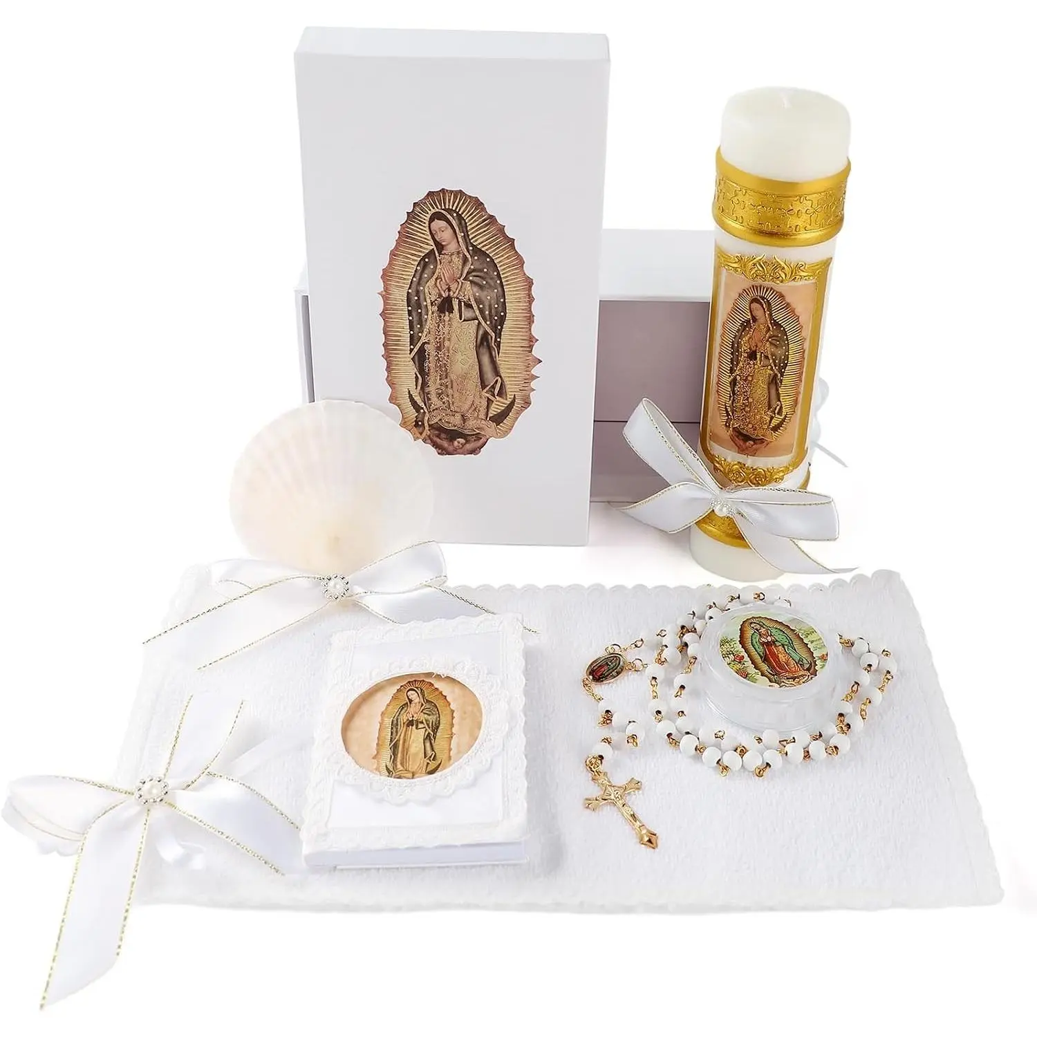 5 PCS Baptism Candle Set for Boys & Girls, Catholic Baptism Kit with Virgen de Guadalupe Candle, Towel, Shell, Rosary, Bible, Christening First Communion Gift, Velas para Bautizo de Niño o Niña(Gift)