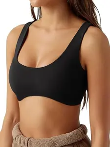 Women's Solid Scoop Neck Wirefree Sports Bra, Breathable Comfortable Workout Bra, Ladies Sportswear for Indoor Outdoor Wear