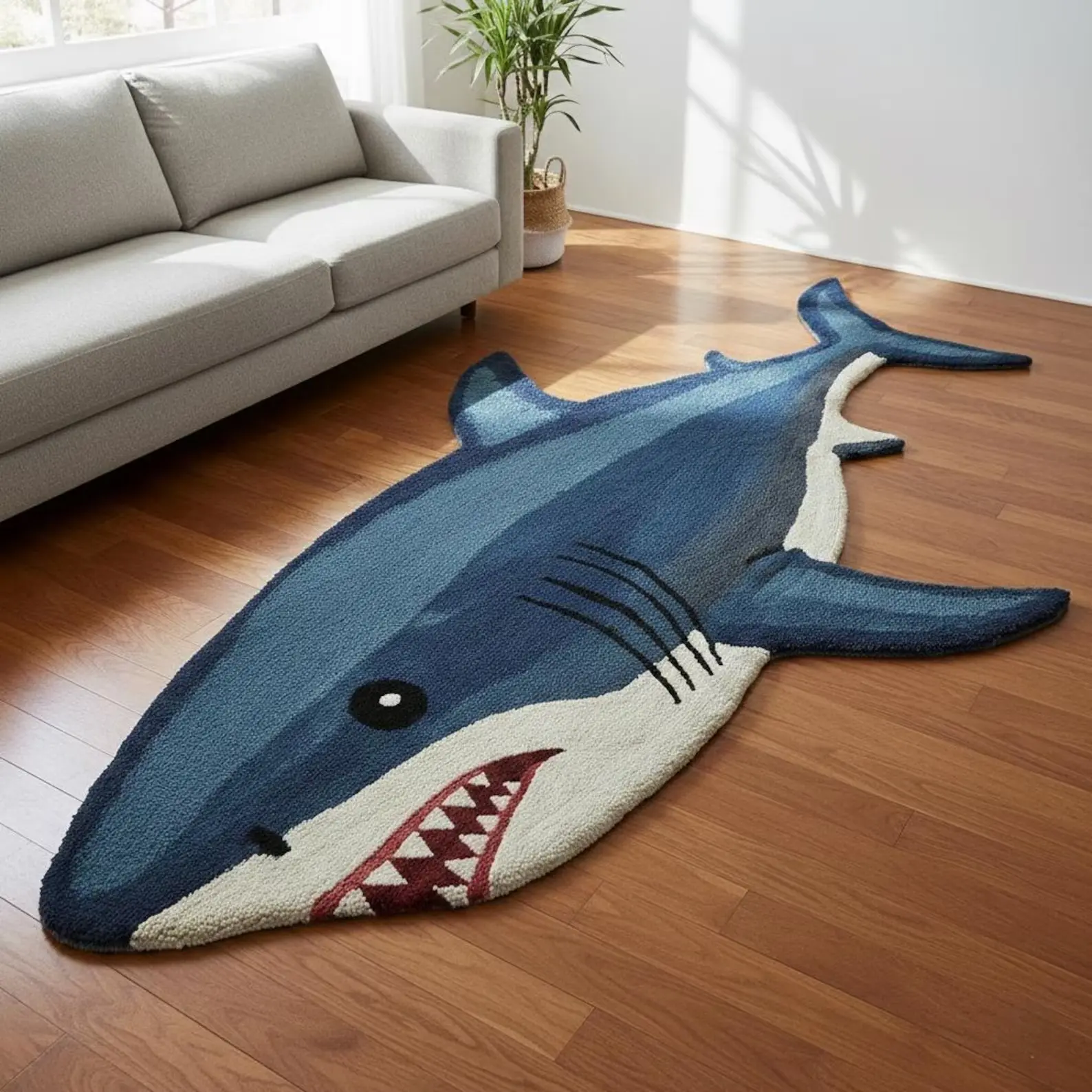 Cartoon Great Shark Shaped Plush Rug, Ocean Fresh Bathroom Door Mat, Simple Blue Tone Balcony Decor, Fun Cartoon Desk Side Foot Pad, Washable Bath Mat, Bathroom Rugs Washable