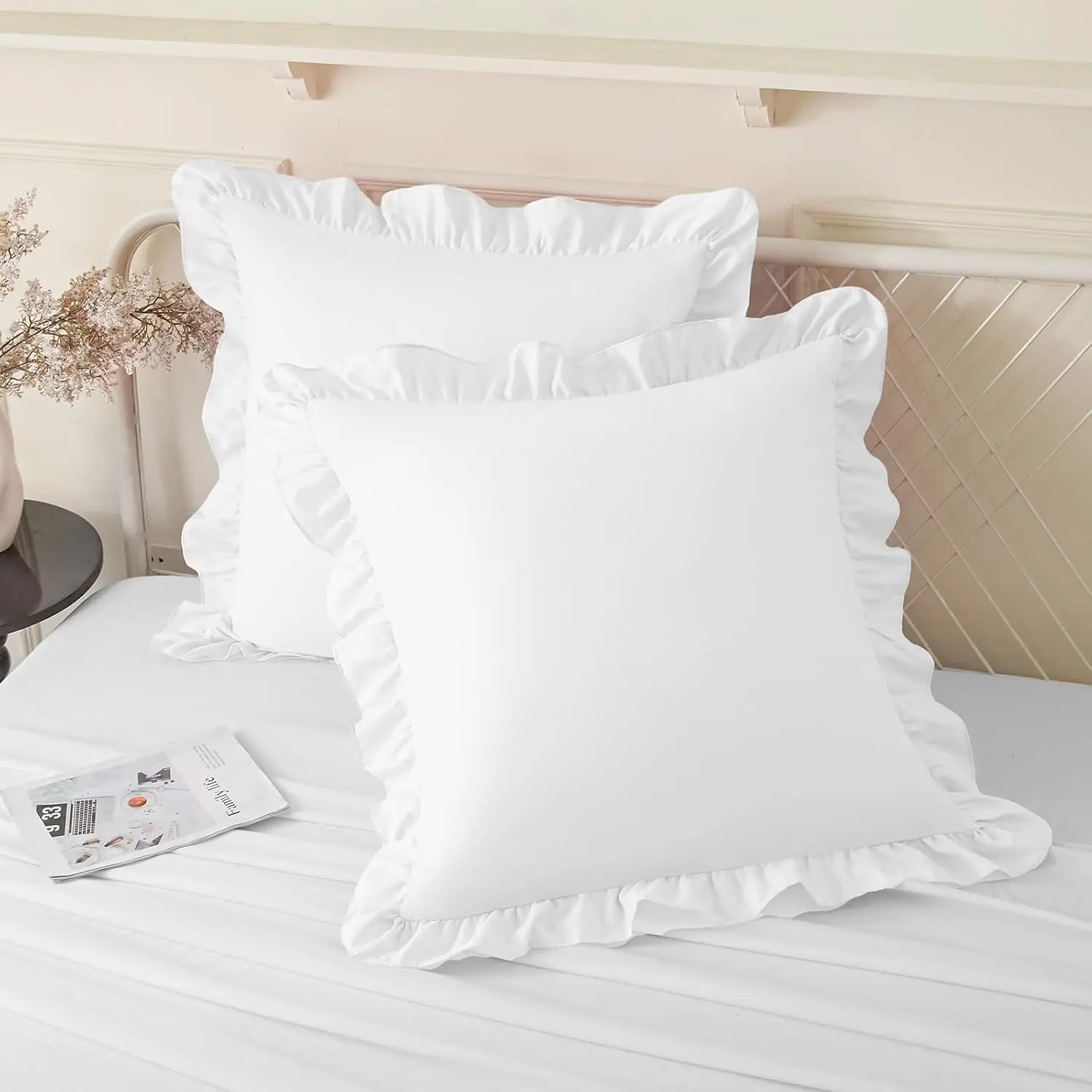 Ruffle Pillow Cases 18x18 Inches, White Square Ruffled Pillow Covers Set of 2, Microfiber Wrinkle Resistant Pillow Shams with Envelope Closure for Sofa Bed Living Room