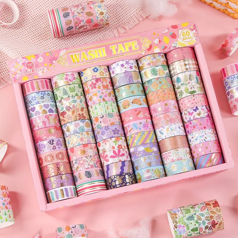 60 Rolls Gold Foil Washi Tape Set, 1.5cm X 2m, Cute Floral Pattern, Ideal for Journals, Scrapbooks, DIY Crafts, Decorative Adhesive Tape, Scrapbook Materials