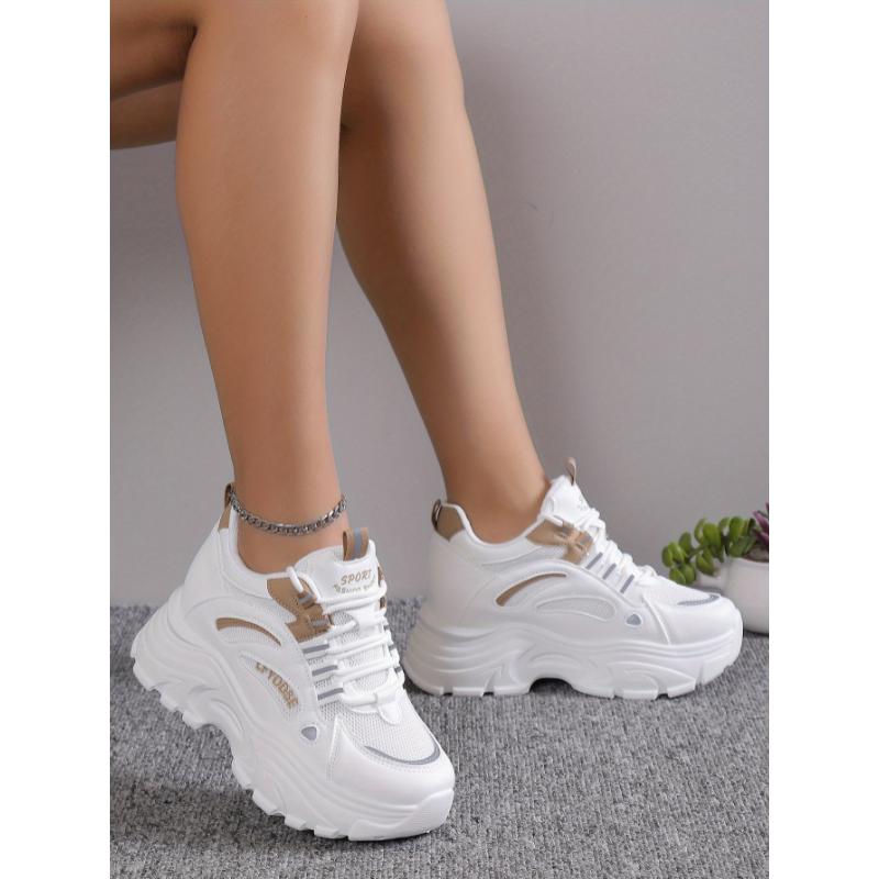 Versatile Comfy Mid-Top Solid Color Mesh Sneakers - Lace Up, Round Toe, Heightening Thick Rubber Sole, Breathable Fabric Upper, All-Season Casual Shoes for Women