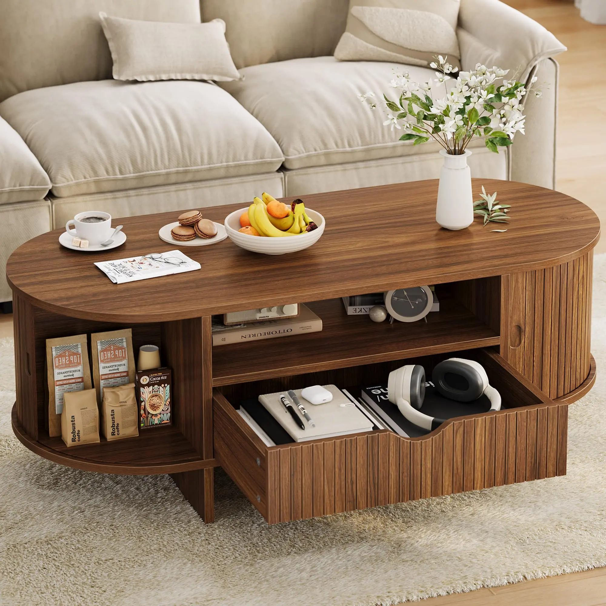 47.2" Oval Fluted Coffee Table with Storage Featuring Drawer and Sliding Doors, Modern Center Table Ideal for Small Indoor Living Room Spaces in Walnut Finish