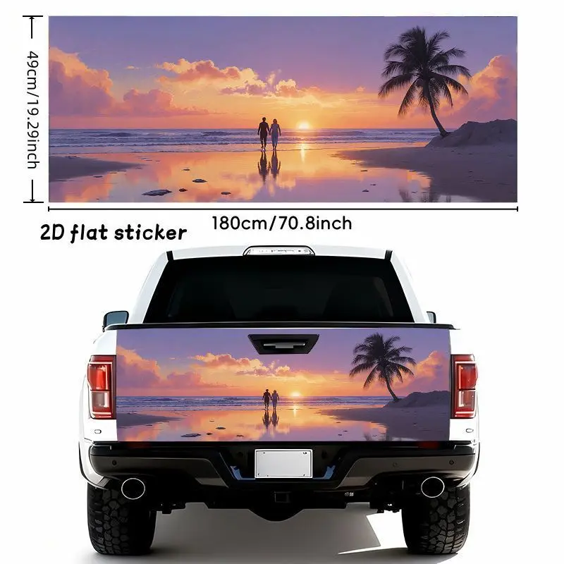 1pc 70.87*19.29inch Romantic Sunset Beach Silhouette Car Sticker - Waterproof Self Adhesive Tailgate Decal - Colorful Purple Pink Sky Palm Tree Walking Couple Reflection Wet Sand - Weather Resistant for Car SUV Bumper Rear Trunk Decor - Durable