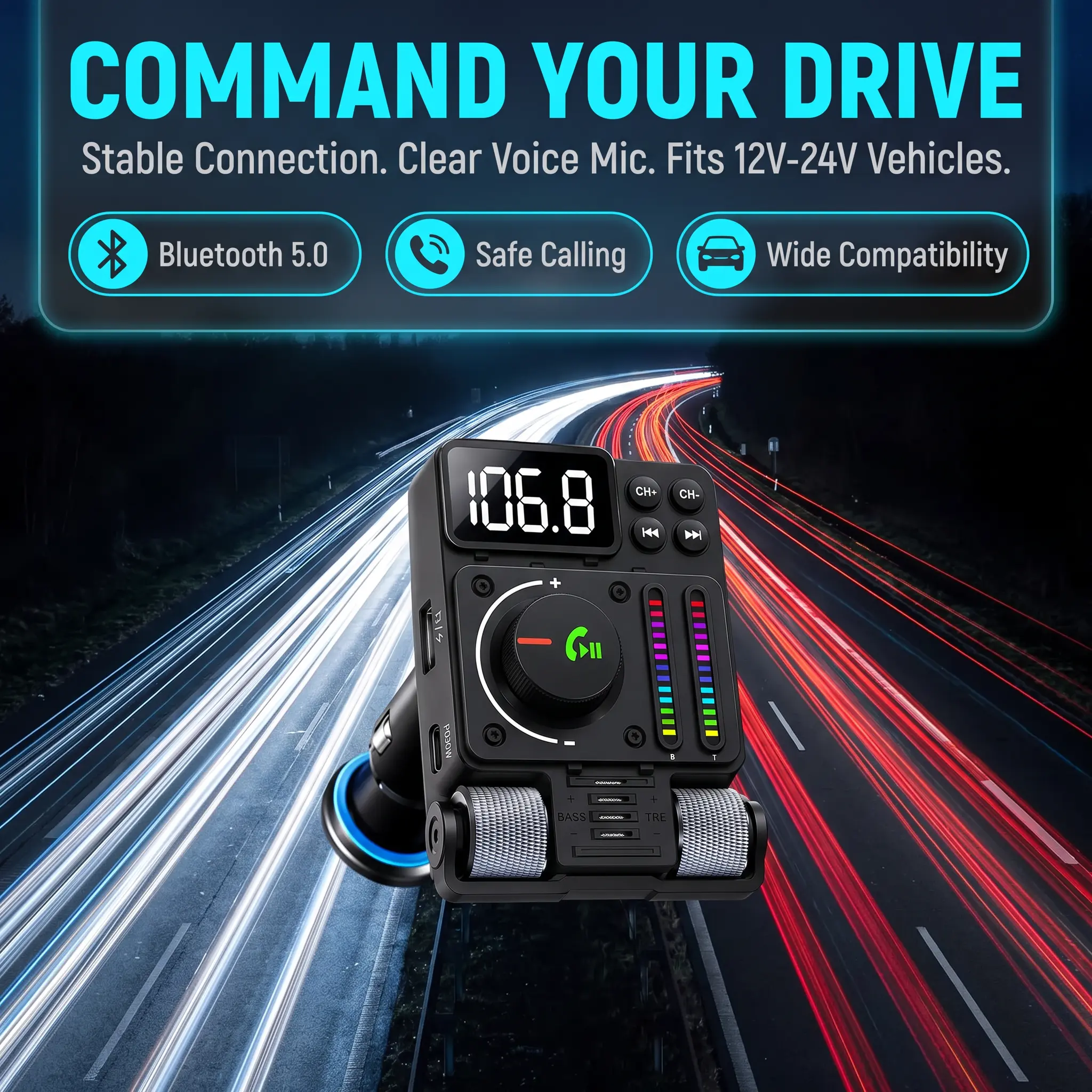 Bluetooth Car FM Transmitter, Wireless MP3 Player, Type-C PD 30W Fast Charger, Hands-Free Calling, FM Radio Adapter, Music Audio Receiver, Dual USB Car Charger for Vehicles