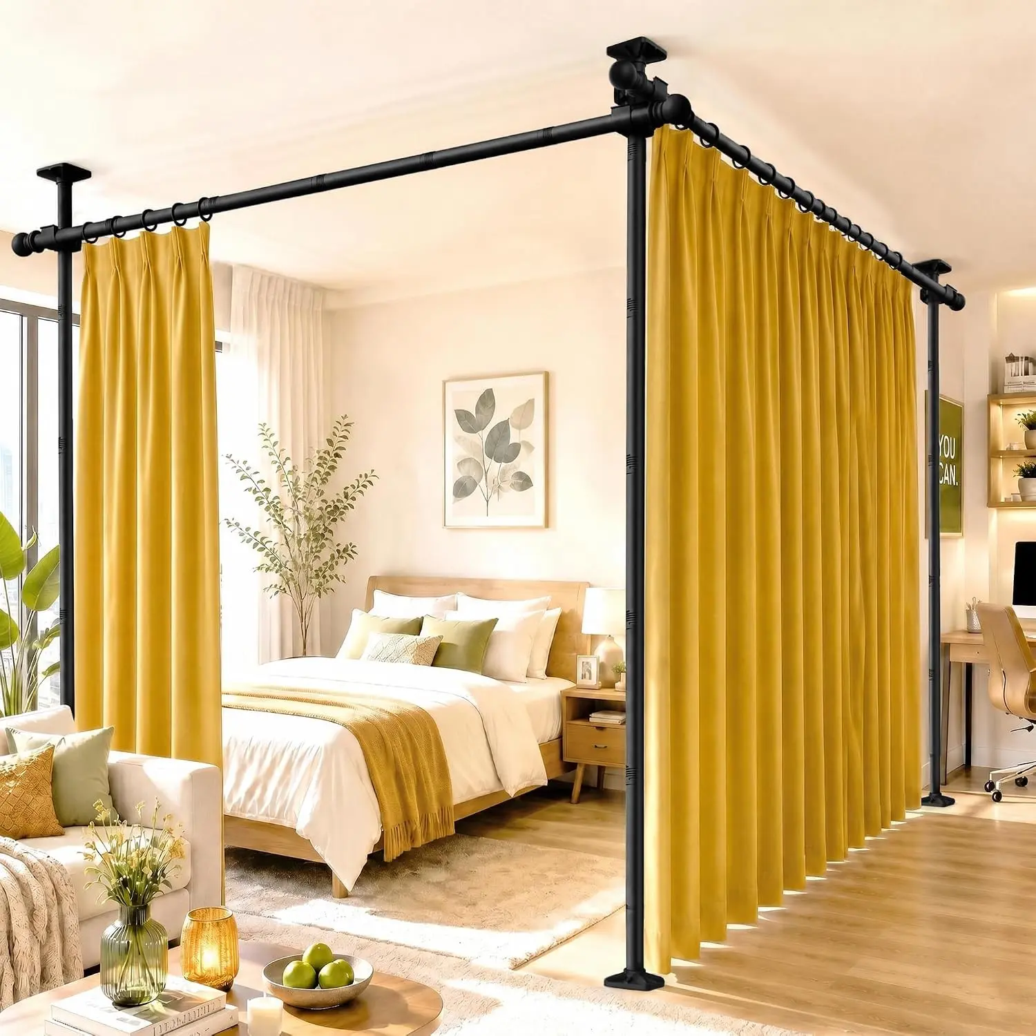 Black No-Drill Tension Room Divider Curtain Rod, Adjustable Large Size Floor-to-Ceiling Heavy Duty Rod, 3.5-11ft(H) x 42-233in(W), Damage-Free Setup for Large Space Privacy