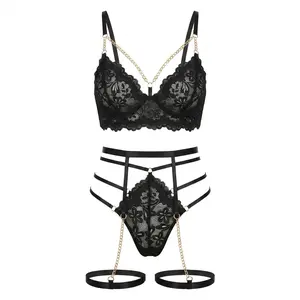 Romantic Valentine Red Floral Lace Intimates Set With Gold Chain Details Multi Adjustable Satin Straps Stylish Home Outfit Perfect Anniversary & Holiday Gift For Her