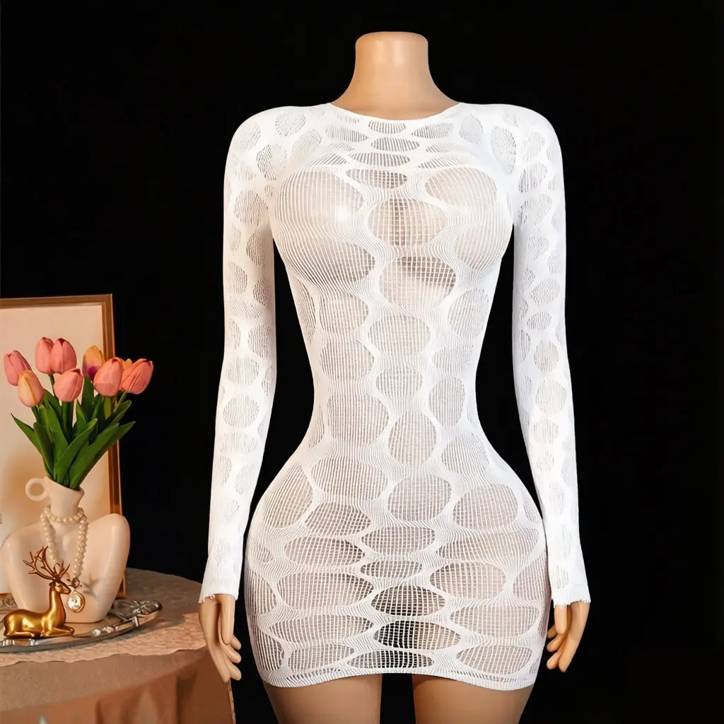 Women's Sexy Bodycon Mini Dress, Long-Sleeve Big-Hole Fishnet Lingerie, See-Through Polyester Mesh Transparent Clothes, Women's Clothes, Plain