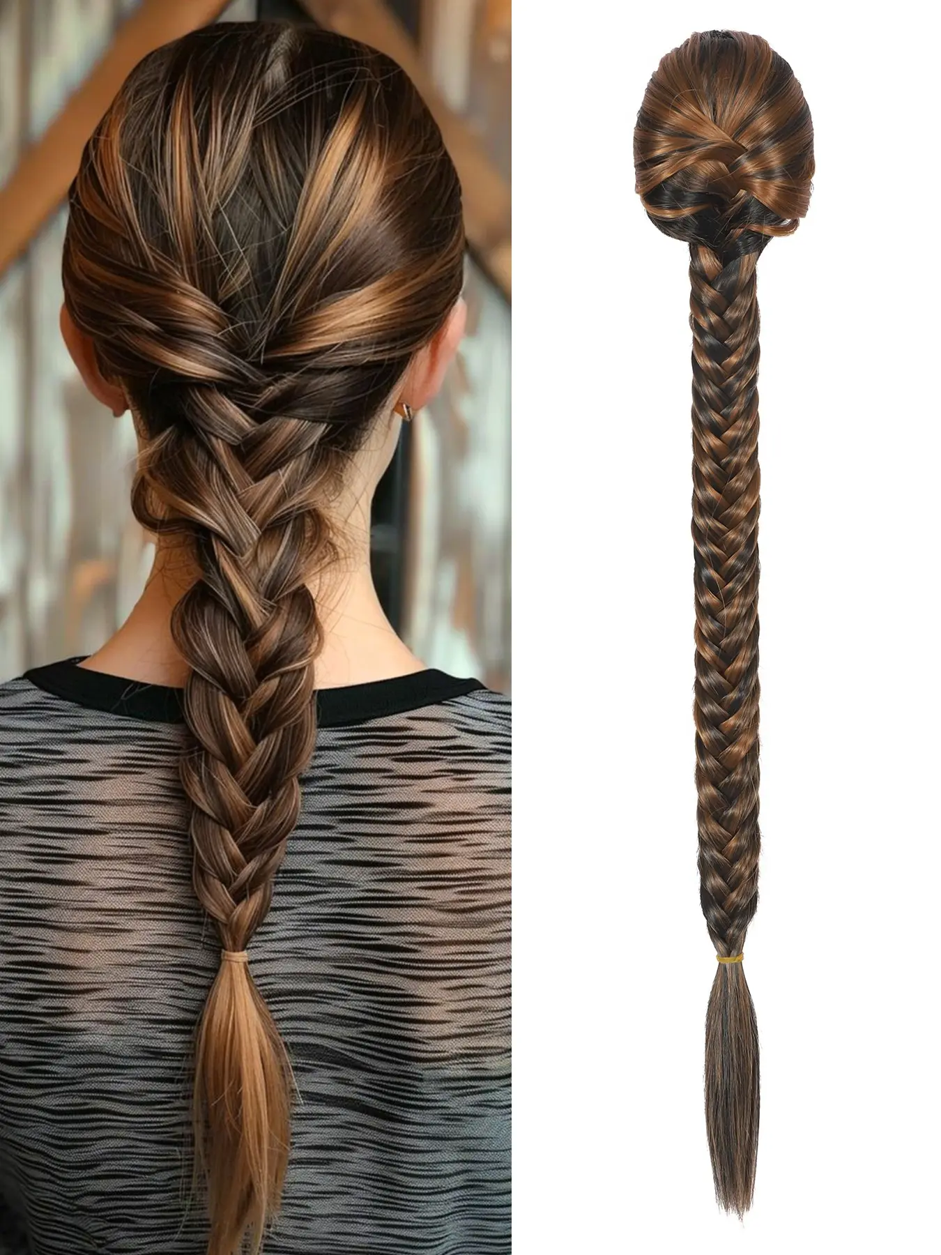 24-Inch Women's Fishtail Braid Drawstring Ponytail Extension (with Secure Combs), 1-Piece Synthetic Fishtail Braid Ponytail; Suitable for Daily Wear, Parties, Shopping, Music Festivals, Carnivals, and Cosplay.