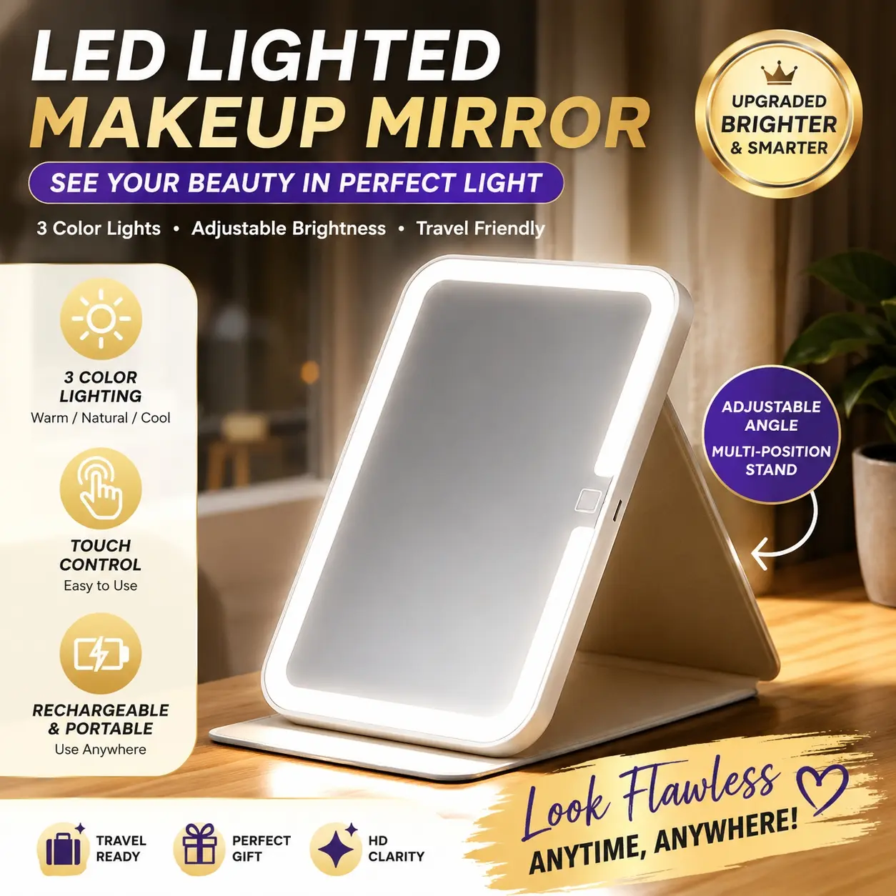 2026 Viral Rechargeable Travel Makeup Mirror with Lights, 3 Color LED Lighted Vanity Mirror with Stepless Dimming & Touch Control, Foldable Portable HD Cosmetic Mirror for Desk, Dorm & Travel, Adjustable Brightness Mirror