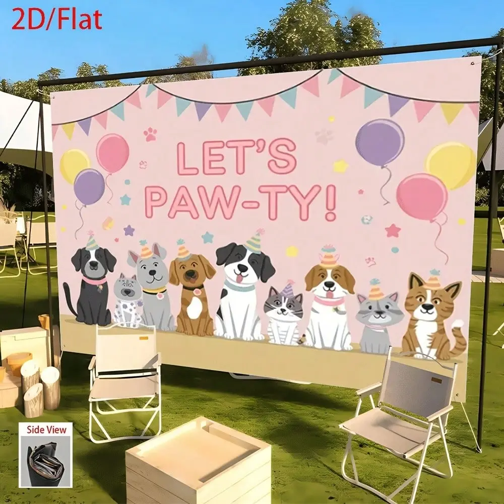 Dogs & Cats Pet Party Backdrop Banner - Durable Polyester Fabric With "Let's Paw-Ty!" Design For Birthdays, Weddings, Father's Day, Home & Event Decor, Dog Party Decorations, Indoor Outdoor Decor, Festive Atmosphere, Easy Setup, Birthday Decorations, Pl