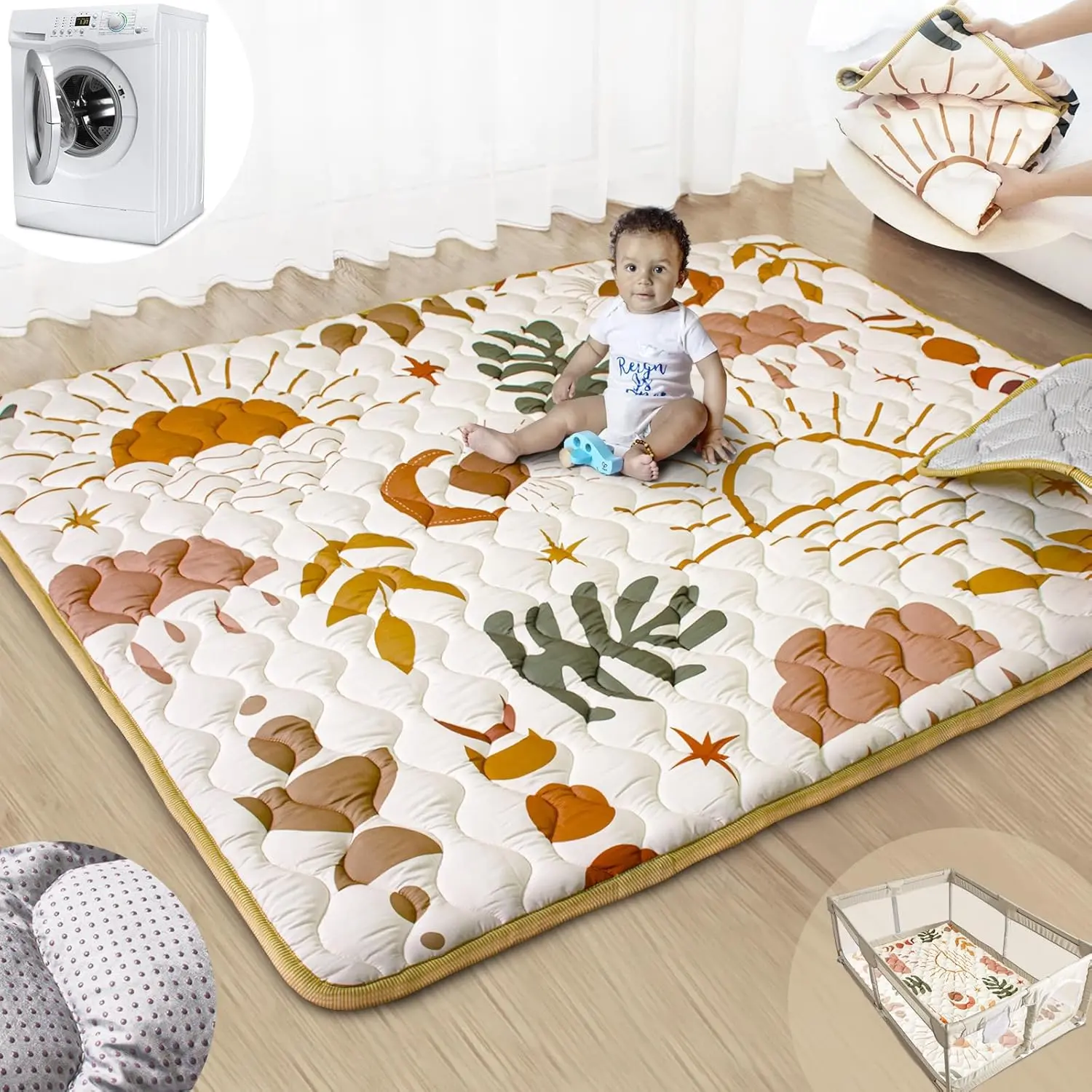 Boho Nature Padded Baby Play Mat for Floor, 71”x59” Upgraded Thick Tummy Time Option, Super Soft Anti-Slip Foldable Washable Crawling Mat for Babies & Toddlers, Ideal for Playpen, Tummy Time Mat, Padded Play Mat