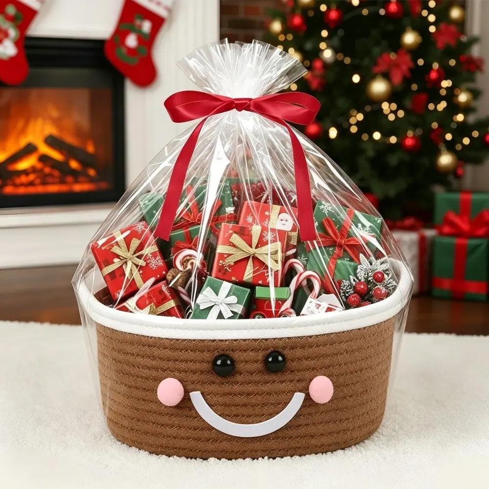 1-Piece Christmas Woven Basket Set, Cute Snowman Snack And Candy Storage Basket, Suitable For Christmas Gift Decoration, Party Gift Basket, With Handle, Gift Bag, Ribbon, Multi-Purpose Basket, Durable, Suitable For Christmas Party Gifts