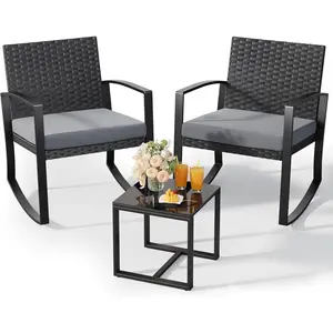 3-Piece Ergonomic Patio Rocking Bistro Set, Outdoor Rattan Furniture with Coffee Table & Grey Cushion, for Garden, Balcony & Patio