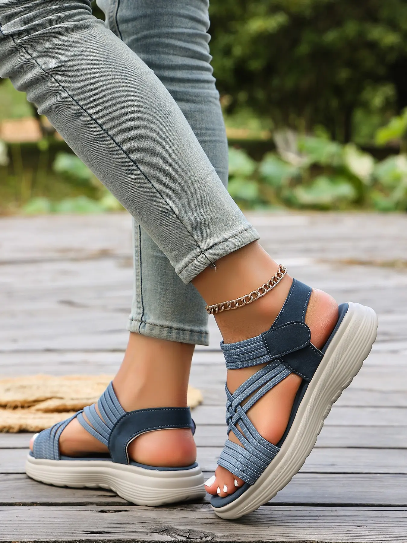 Women's Vacation Flat Beach Sandals, Elastic Weave Straps, Open-Toe Adjustable Ankle Strap Shoes, Comfortable and Stylish Footwear for Summer