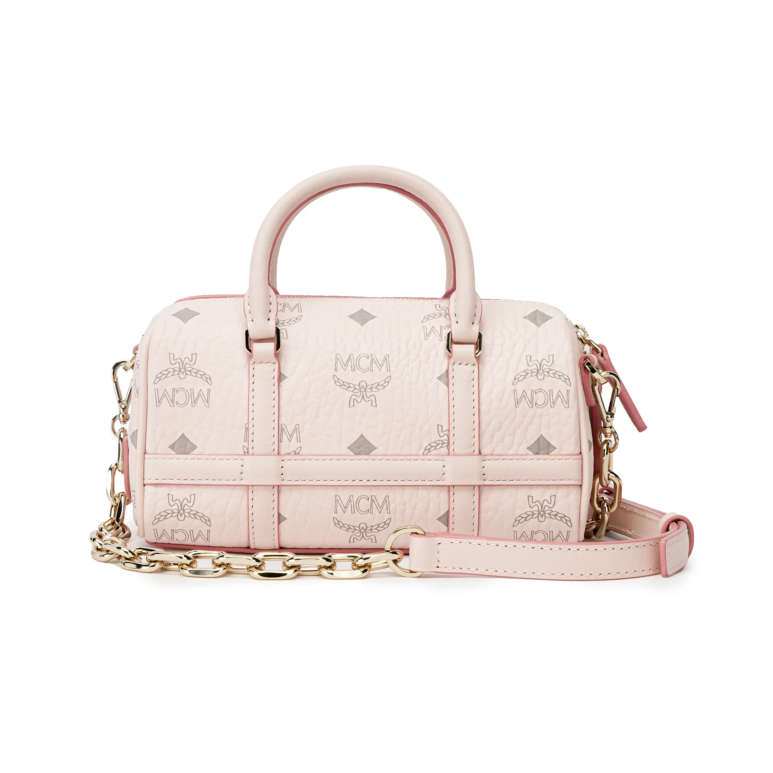 MCM Delmy Visetos Floral-Print Chain-Strap Leather Boston Bag for Women, Mini Crossbody Shoulder Handbag in Pink