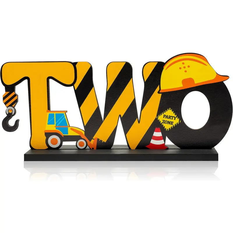 Haooryx construction truck two-letter logo wooden table centerpiece, suitable for boys, 2-year-old baby's 2nd birthday party decoration, construction-themed party supplies, baby shower decoration, photo prop
