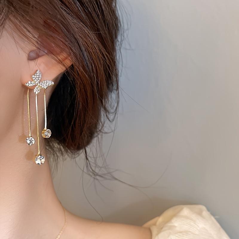 New Fashion Rhinestone Inlaid High-end Butterfly Earrings, Two Pairs of Sweet and Fresh Tassel Style Shiny Women's Earrings