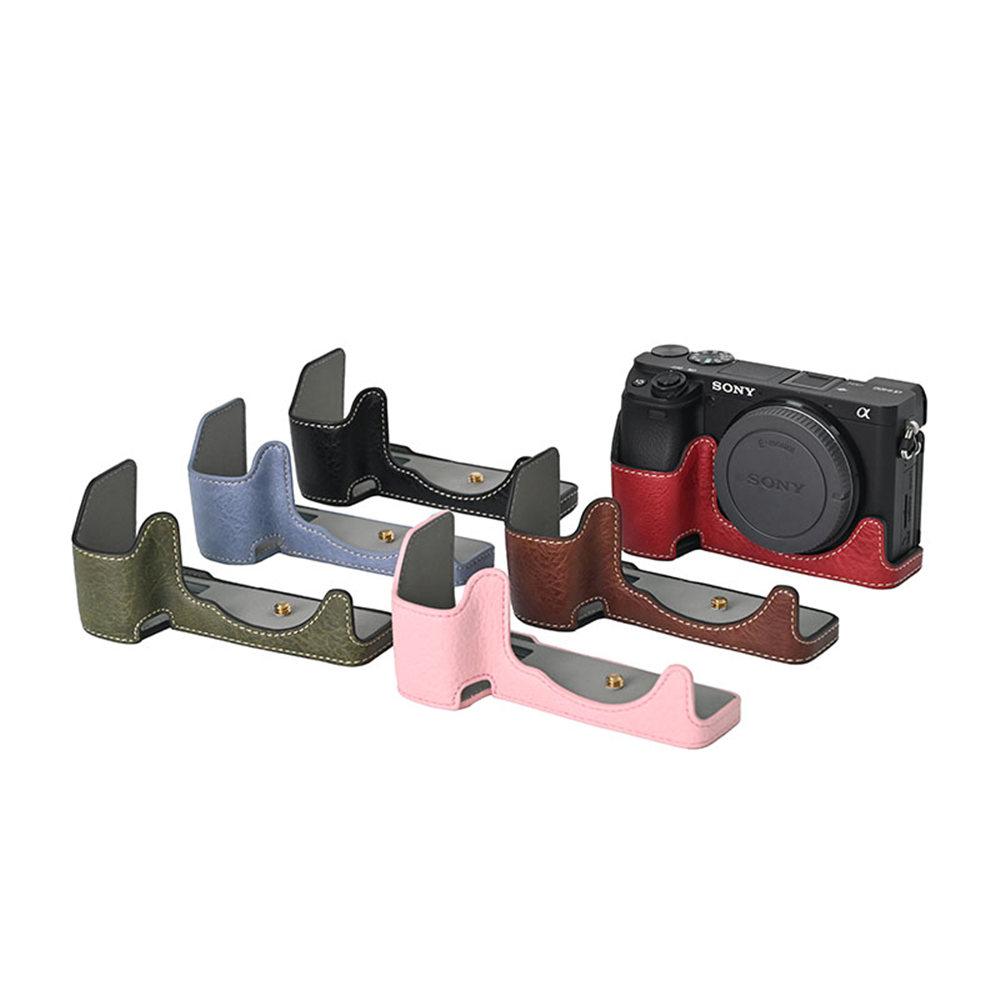 Litchi Pattern PU Leather Camera Half Case for Sony A6300 A6400 A6000 A6100 Bottom Opening Magnetic Cover With Strap