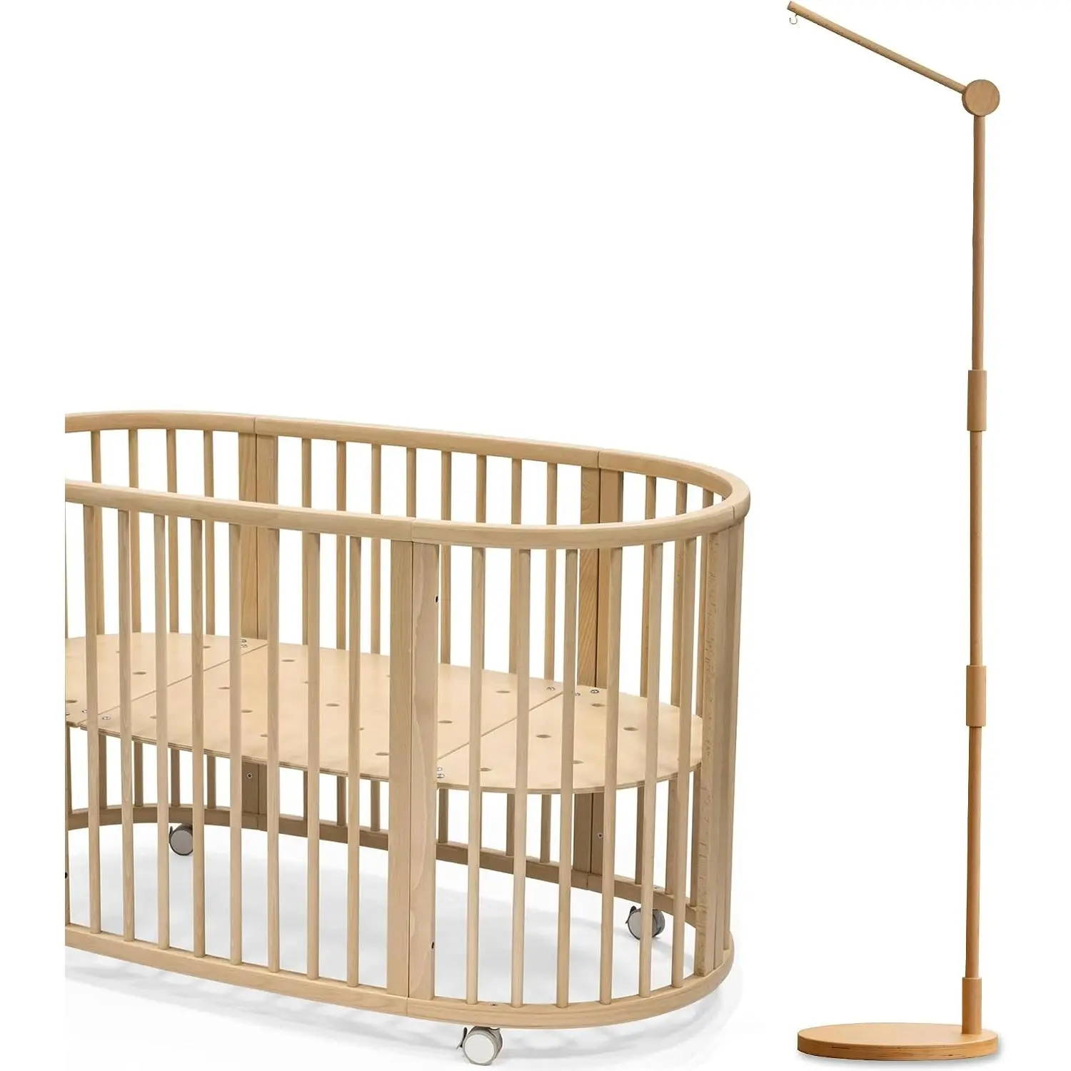 61-Inch Wooden Floor-Standing Baby Crib Mobile Arm Pro - Natural Beech Wood Movable Hanger with Strong Anti-Dump Attachment, Thickened Wooden Pole for Baby Nursery, Natural Wood