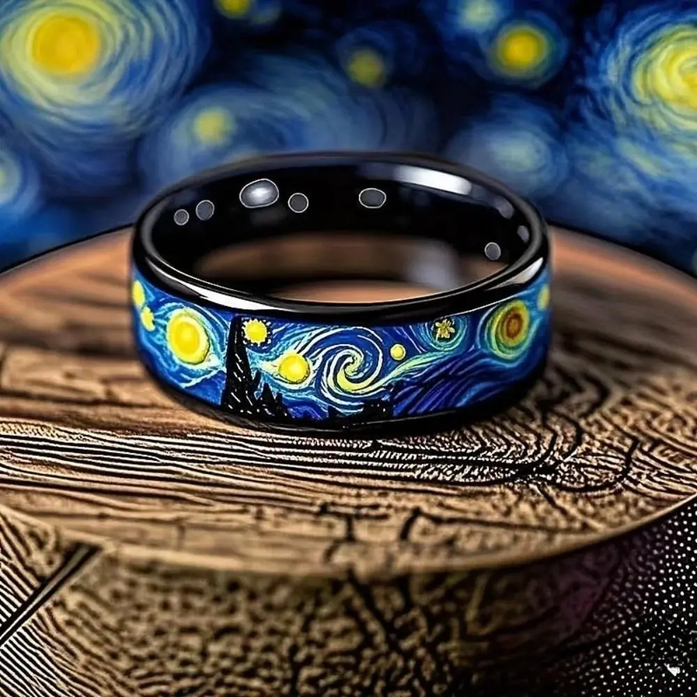 Unique Starry Night Pattern Men's Black Ring Personality Women Wedding Band Jewelry Unisex Party Accessories