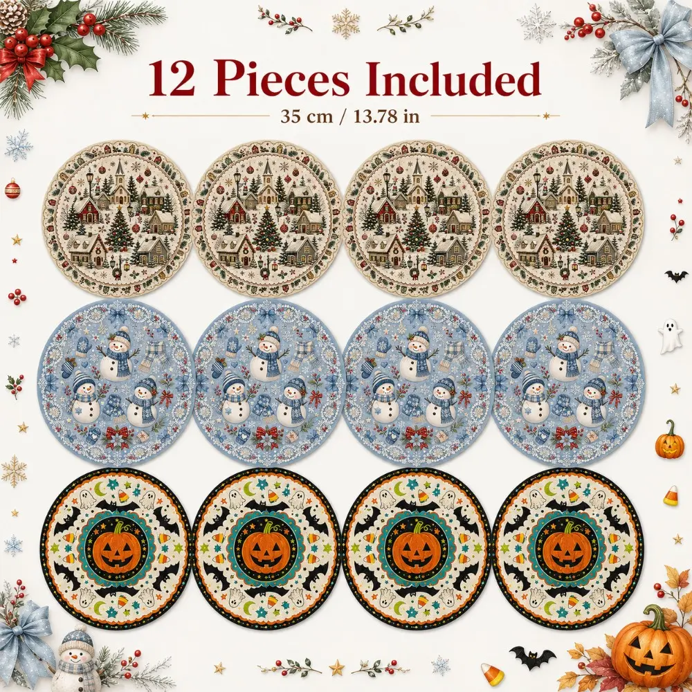 12 Pcs Round Holiday Placemats Set, 35cm / 13.78in, Vintage Winter Village Snowman Pumpkin Mixed Seasonal Designs, Farmhouse Style Dining Table Mats, Decorative Kitchen Table Mats for Home, Party & Holiday Decor