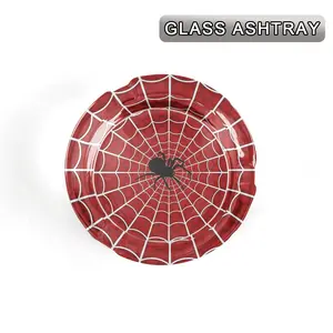 1pc Red Polka Dot Spider Web with Black Spider Print Round Glass Ashtray, Superhero Inspired Retro Pop Art Decorative Crystal Tray, Comic Style Desktop Ornament for Bedroom Home Bar Decor & Unique Geek Gift for Movie Fans