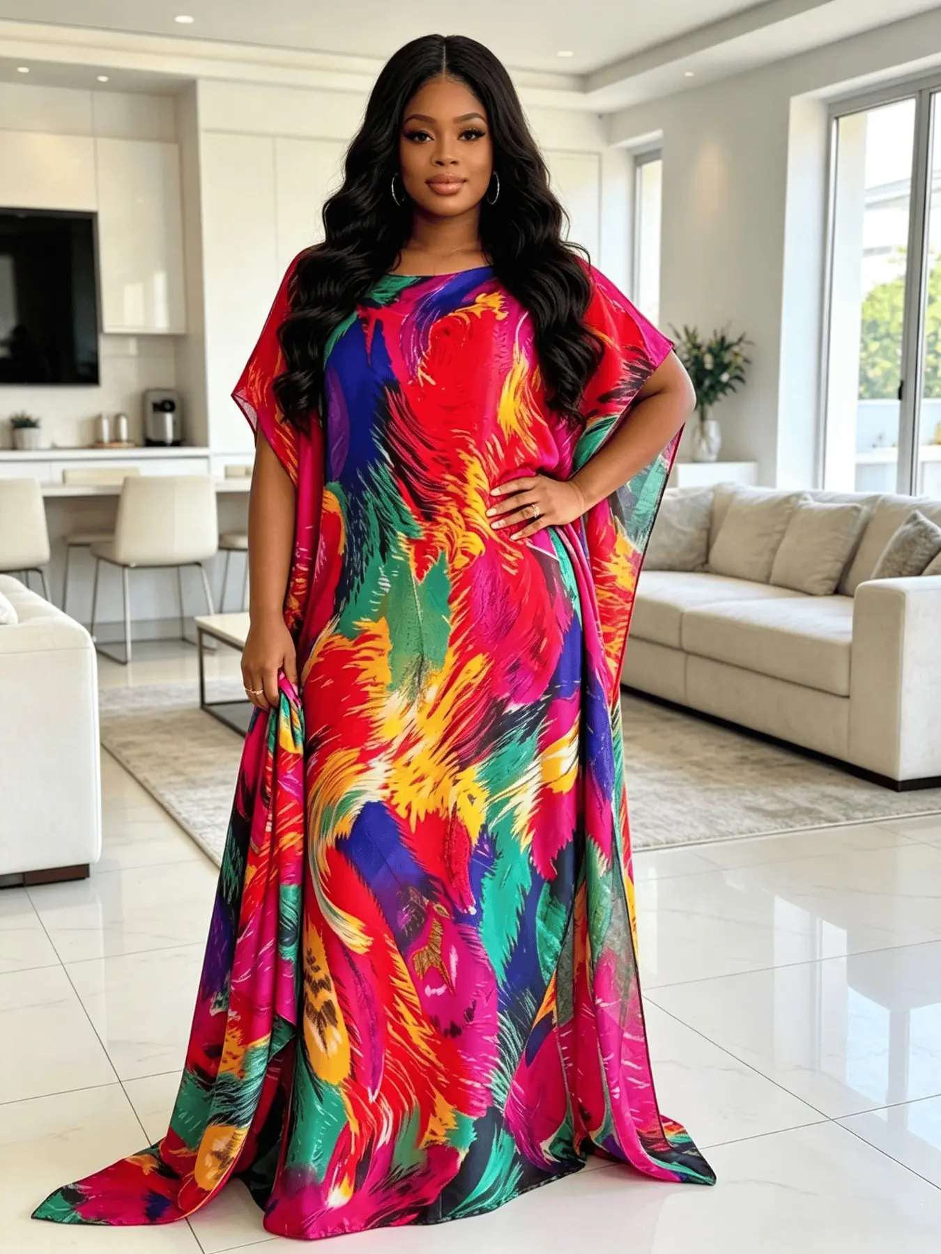 Plus Size Women's Multi-Color Abstract Watercolor Print Maxi Kaftan Dress with Matching Headscarf 2 Piece Set, Lightweight Breathable Loose Batwing Casual Long Dress, Beach Resort Loungewear Cover Up for Curvy Ladies