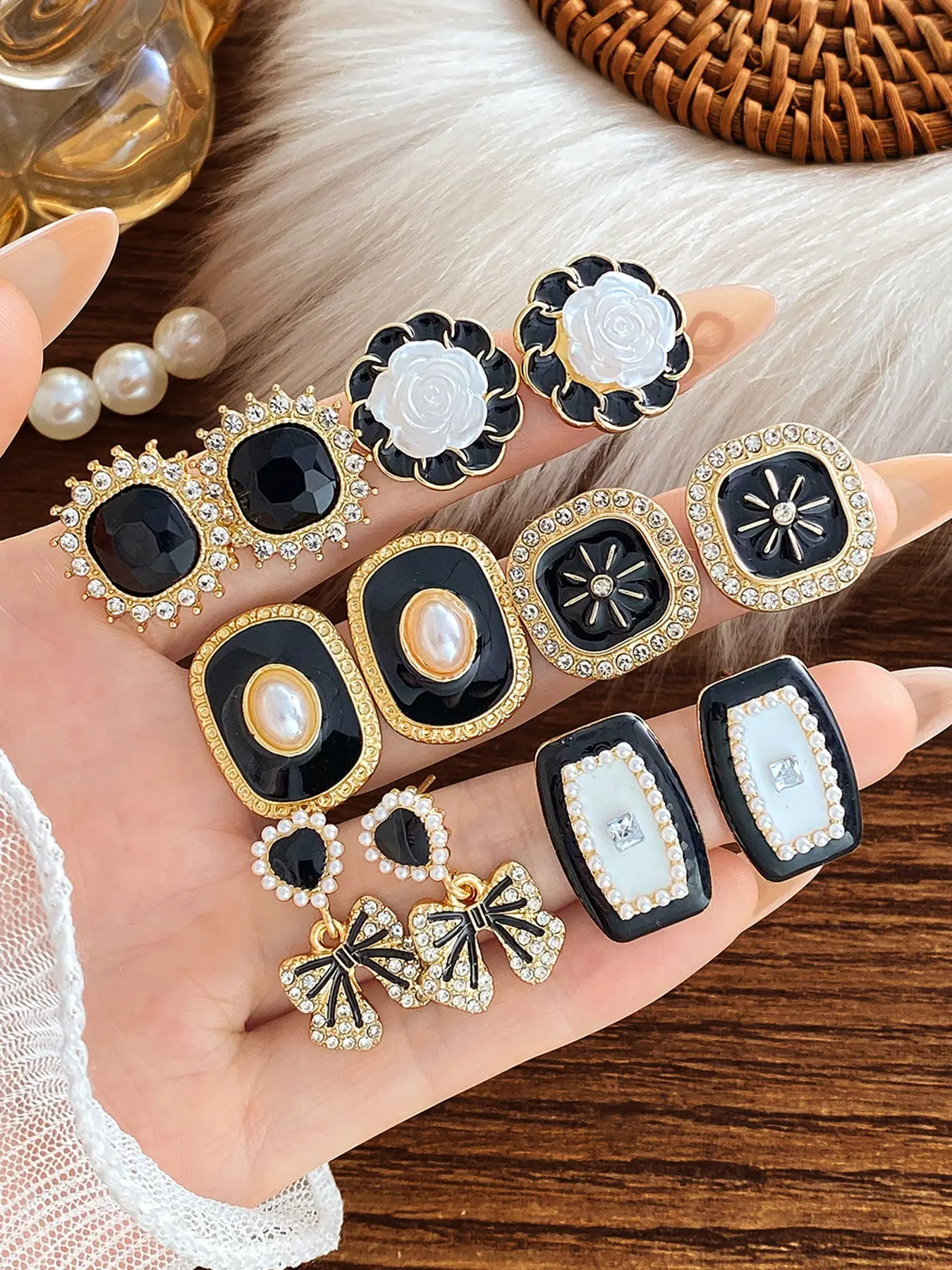 Elegant Camellia Bow Rhinestone Earrings Set, 6 Pairs, Fashionable Jewelry, Perfect for Special Occasions, Stylish Accessory