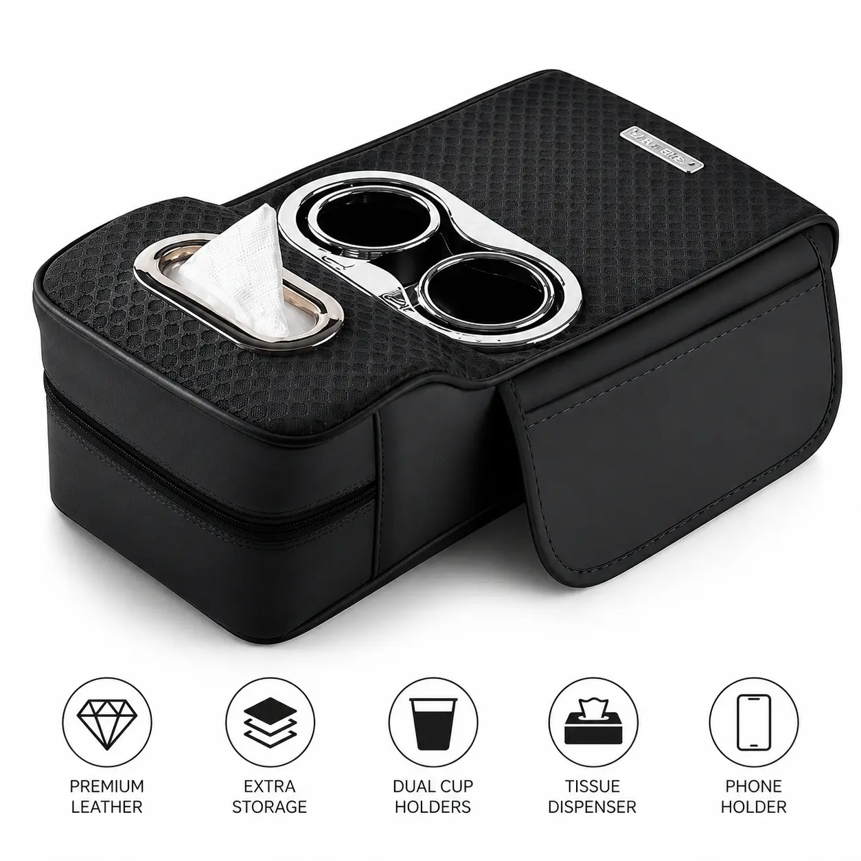 Car Armrest Elbow‑Support Heighten Cushion, All‑In‑One Storage Design With Cup Tissue Side Pockets, Soft Pad Protect Original Armrest, Easy Slip‑On Fit Vehicle Interior Gadget, Car Organization Accessories