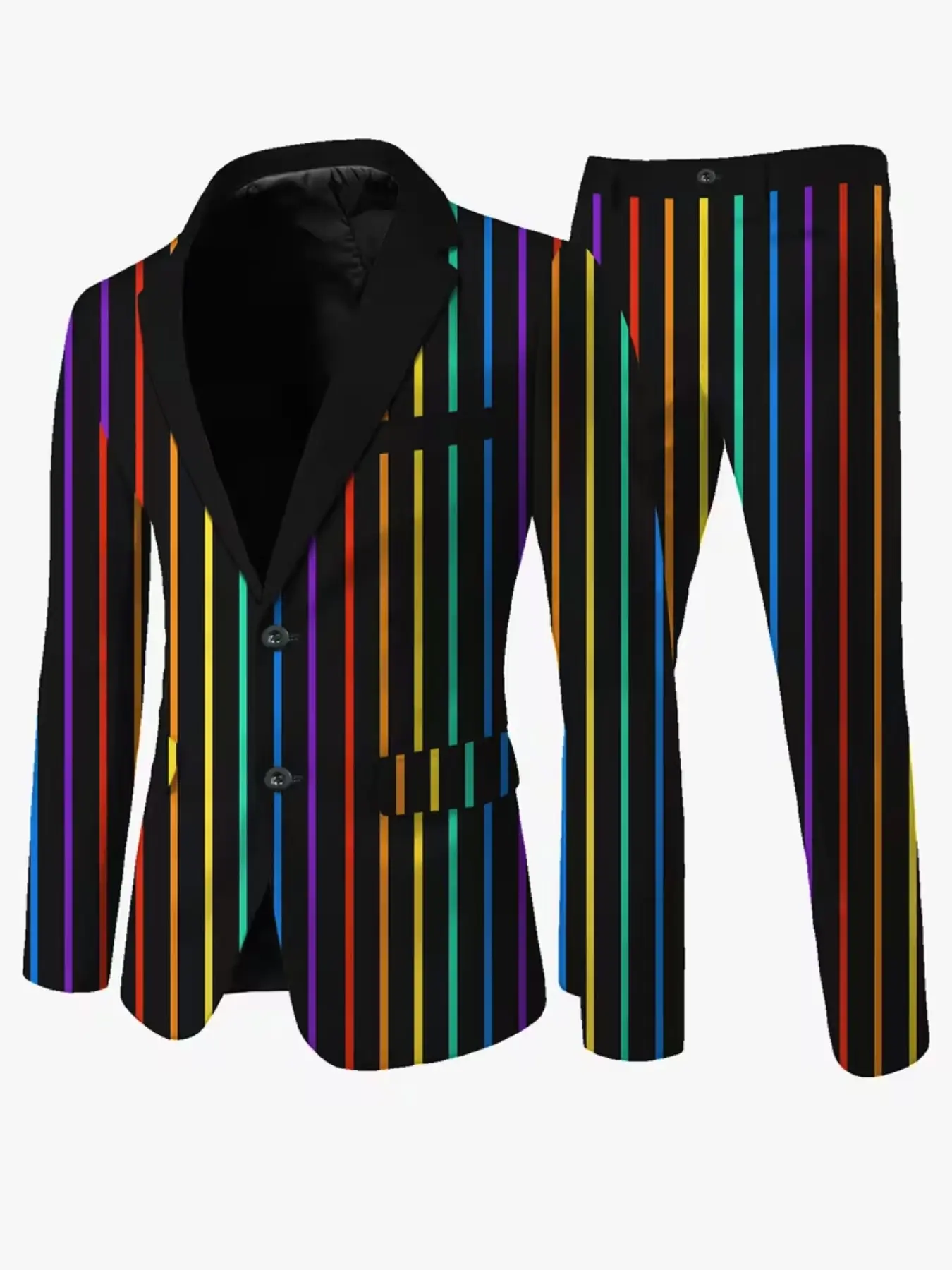 Men's two-piece suit with rainbow stripes on a black background. The suit jacket is paired with dress pants, creating a striking color contrast. It's a unique men's suit suitable for parties, festivals, and stage performances.