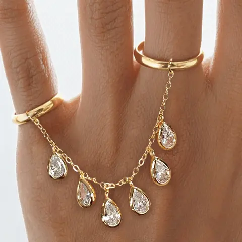 Women's Copper Two-Finger Chain Ring, Elegant Luxury Style, Zircon Drop Pendant, Perfect for Daily Wear, Weddings, Parties, Jewelry Rings, Elegant Fashion Rings
