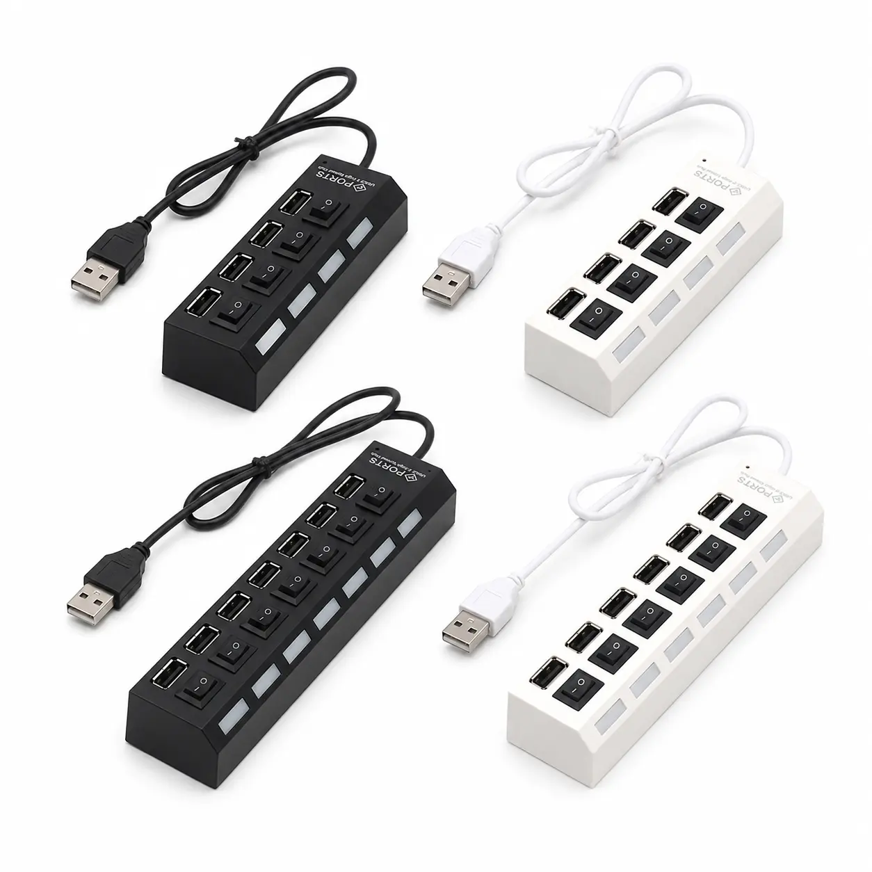 4-in-1 USB 2.0 Hub with Independent Switch Control, High-Speed Data Transfer Multi-Port Splitter for PC, Laptop, Tablet & Phone
