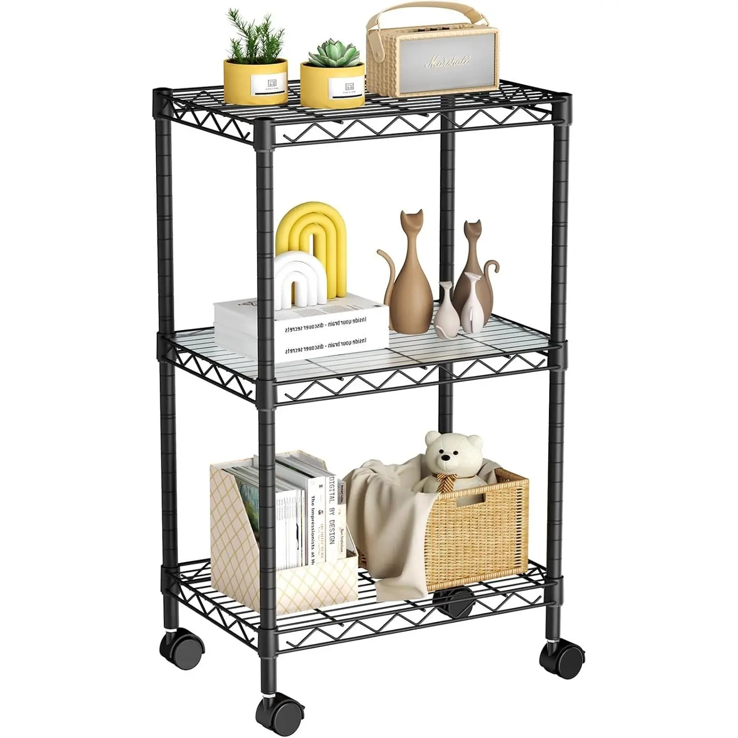 Small 3 Tier Shelves Storage Wire Shelving Unit Metal Shelf Adjustable Organizers Storage Shelving with Wheels for Bathroom Laundry Room Kitchen Pantry 11.7”D x 17.7”W x 30.7”H Black
