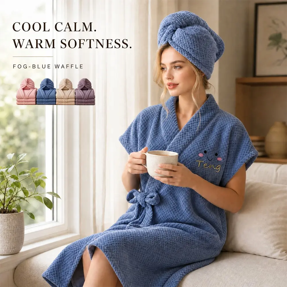 Microfiber Bathrobe with Hair Drying Turban Cap for Women, Soft Absorbent Quick Dry Wrap Robe, Adjustable Side Tie Spa Housecoat, Knee Length One Size