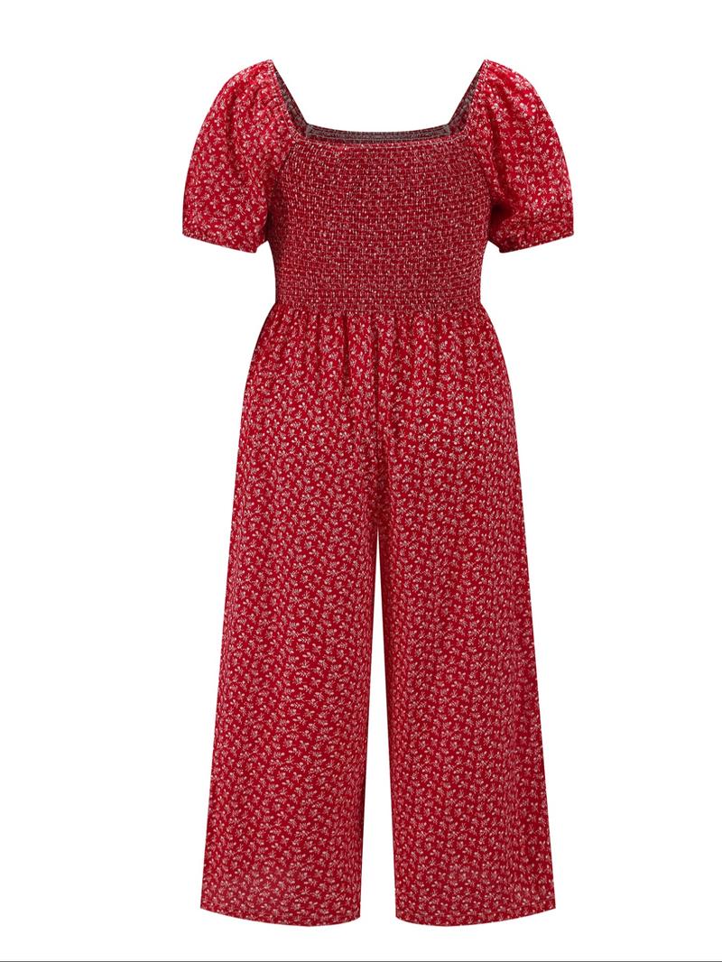 【Plus Size】 All Over Print Shirred Wide Leg Jumpsuit, Casual Short Sleeve Jumpsuit for Summer, Women's Plus Clothing for Daily Wear