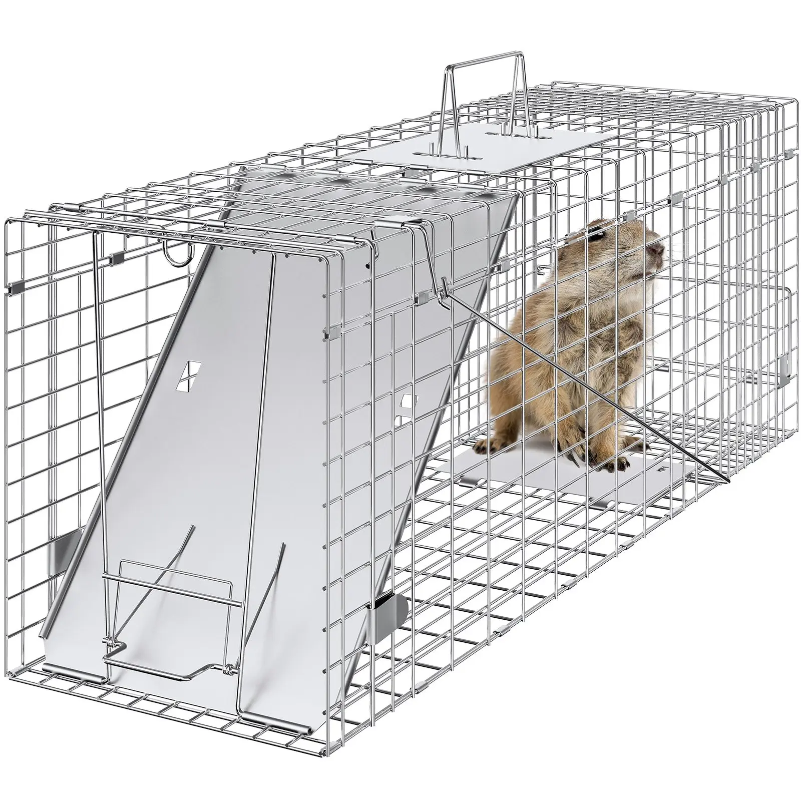 【DealsForYouDays】VEVOR Live Animal Cage Trap, 31" x 10" x 12" Humane Cat Trap Galvanized Iron, Folding Animal Trap with Handle for Rabbits, Stray Cats, Squirrels, Raccoons, Groundhogs and Opossums