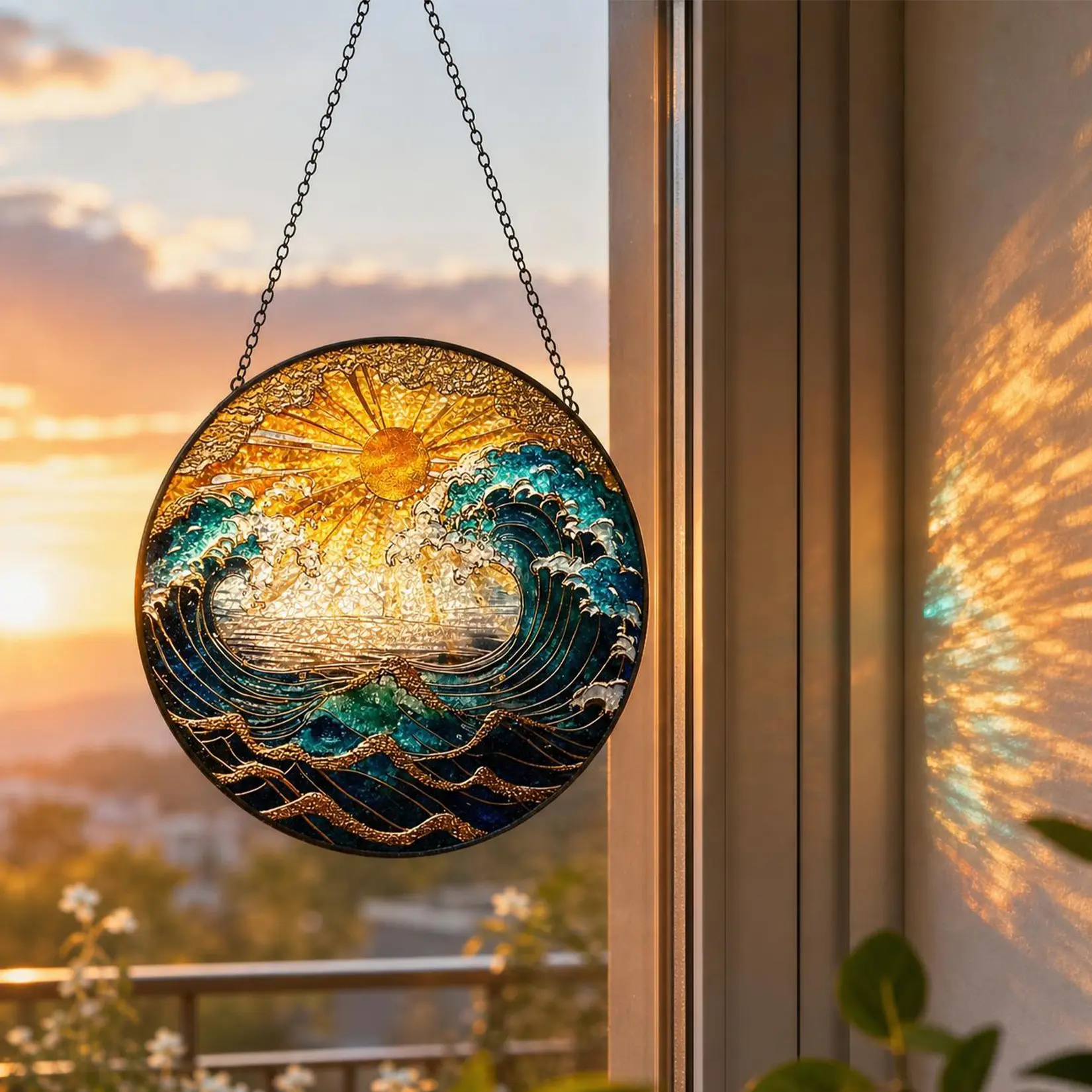 Stained Glass Suncatcher 7.87in Ocean Wave Sunrise Hand Painted Round Window Hanging Decor for Home Garden Coastal House Artistic Gift