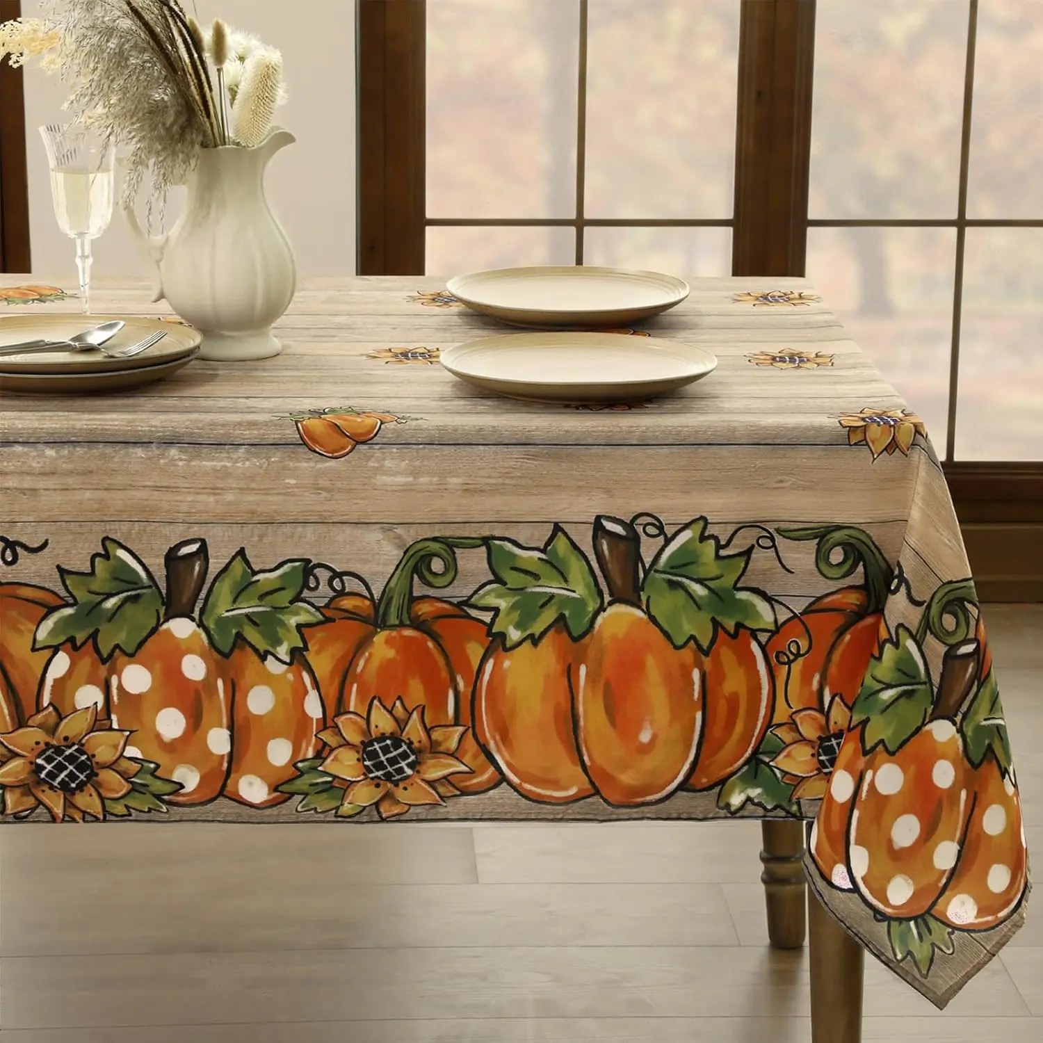 Romanstile Fall Rectangle Tablecloth 60 x 102 Inch - Thanksgiving Autumn Harvest Brown Wood Grain Pot Pumpkin Table Cloth, Washable Stain Resistant Table Cover for Holiday Party Dinner Decor