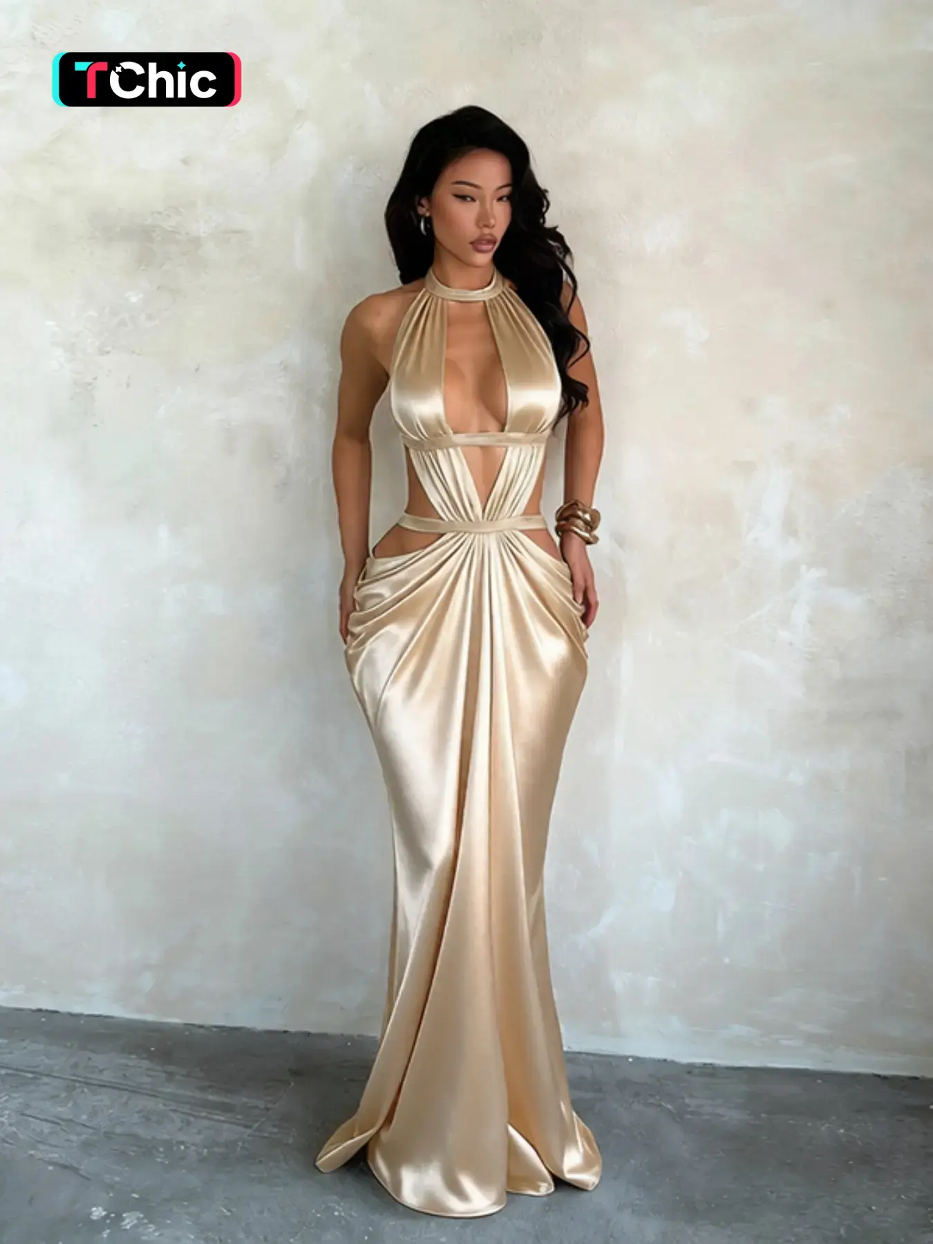 Silk Backless Evening Gown, Elegant Plain Design, Slim-Fitting Fall Dress, Unlined Plain Surface, Perfect for Formal Events