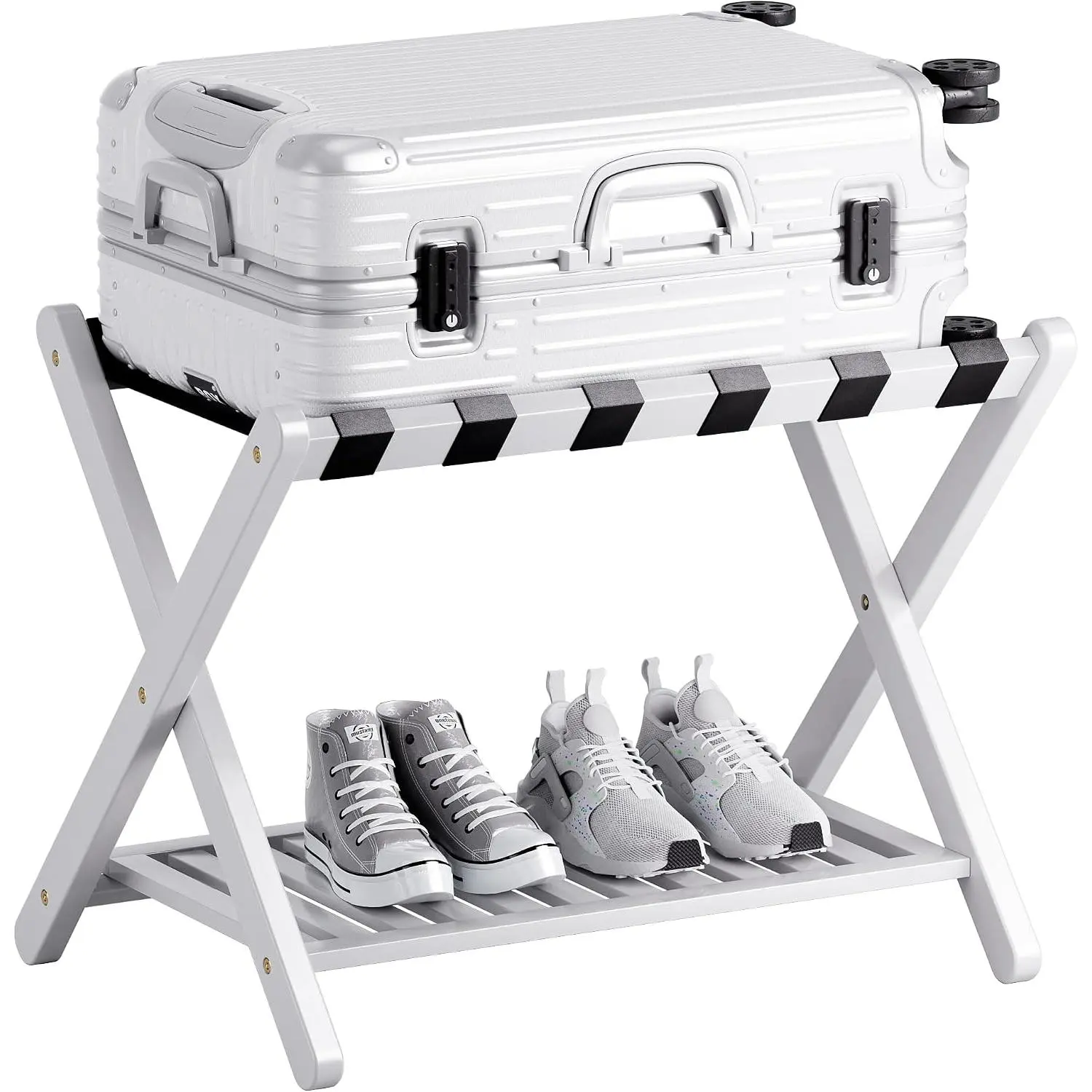 Luggage Rack, Foldable  Suitcase Stand with Storage Shelf for Guest Room, Bedroom, Hotel, Heavy-Duty, 1 Pack (White)