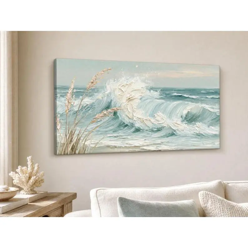 Coastal Wave Canvas Print |   Textured Look Ocean Wall Art for Beach House ~ Seafoam Shoreline Decor, Neutral Seascape Painting, Ready To Hang