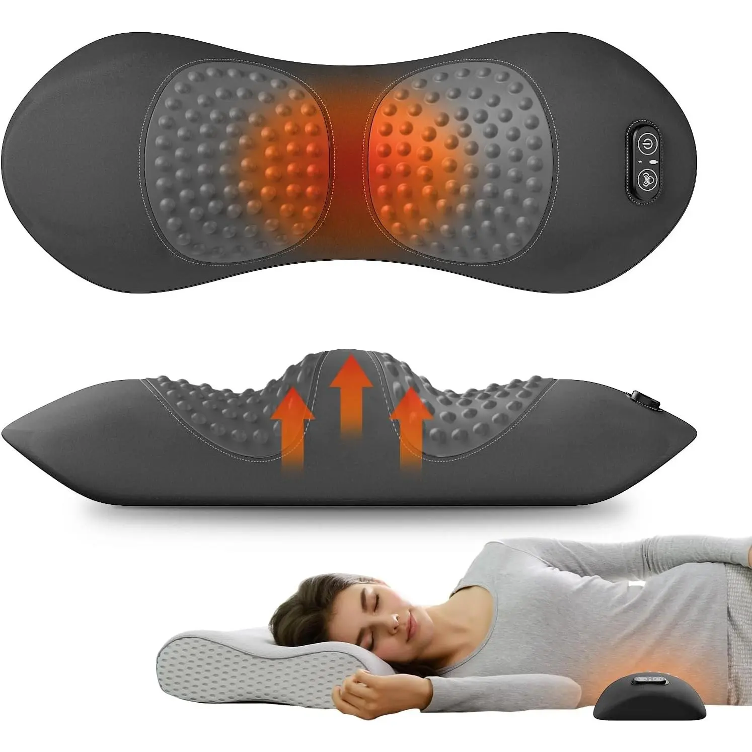 3-in-1 Electric Lumbar Support Pillow with Heat Vibration Traction Back Massager for Bed Chair Lumbar Support Cushion for Lower Back Comfort & Spine Support Dark Gray