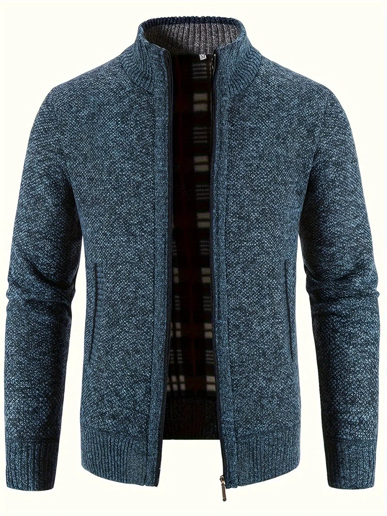 1 PC Men's Warm Knitted Zippered High-neck Sweater Blazer with Long Sleeves, Ribbed Sleeve Caps and Hem, Autumn/Winter Casual Zippered Sweater Blazer, Suitable for Daily Wearing