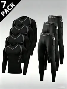7 Pack Men's Compression Workout Set 4 Long Sleeve Shirts 3 Pocket Pants Quick Dry High Elastic For Gym Running Hiking Fitness