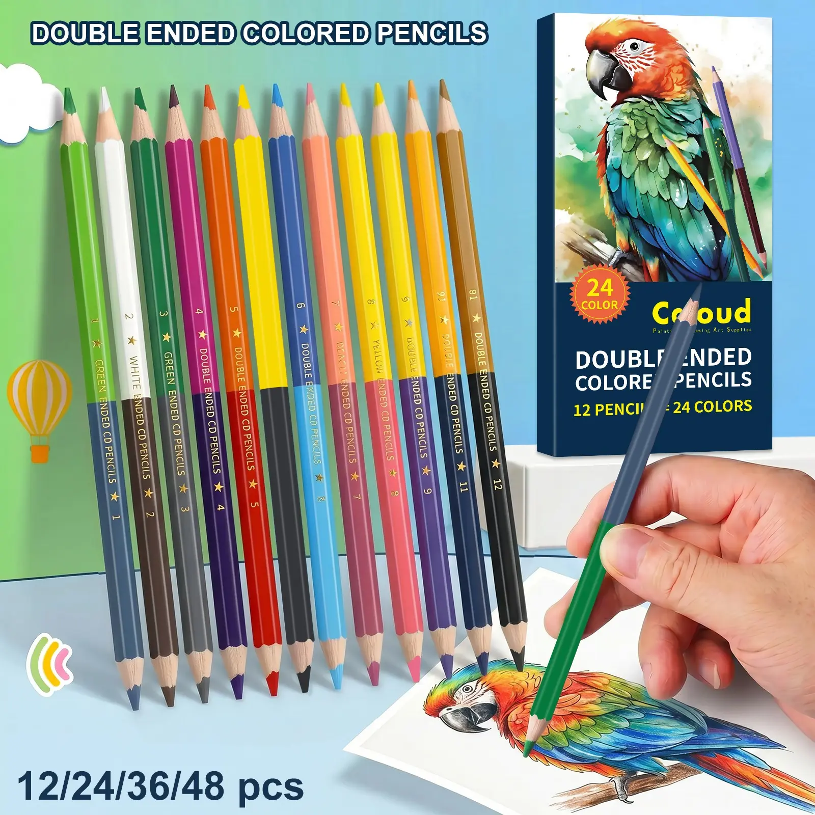 Double-Ended Colored Pencils Set,12/24/36/48 Pack with 24/48/72/96 Colors,Drawing & Coloring Pencils for Adults & Artist,Colorful School Supplies for Arts and Crafts,Double-Ended,For Professional Artistic use