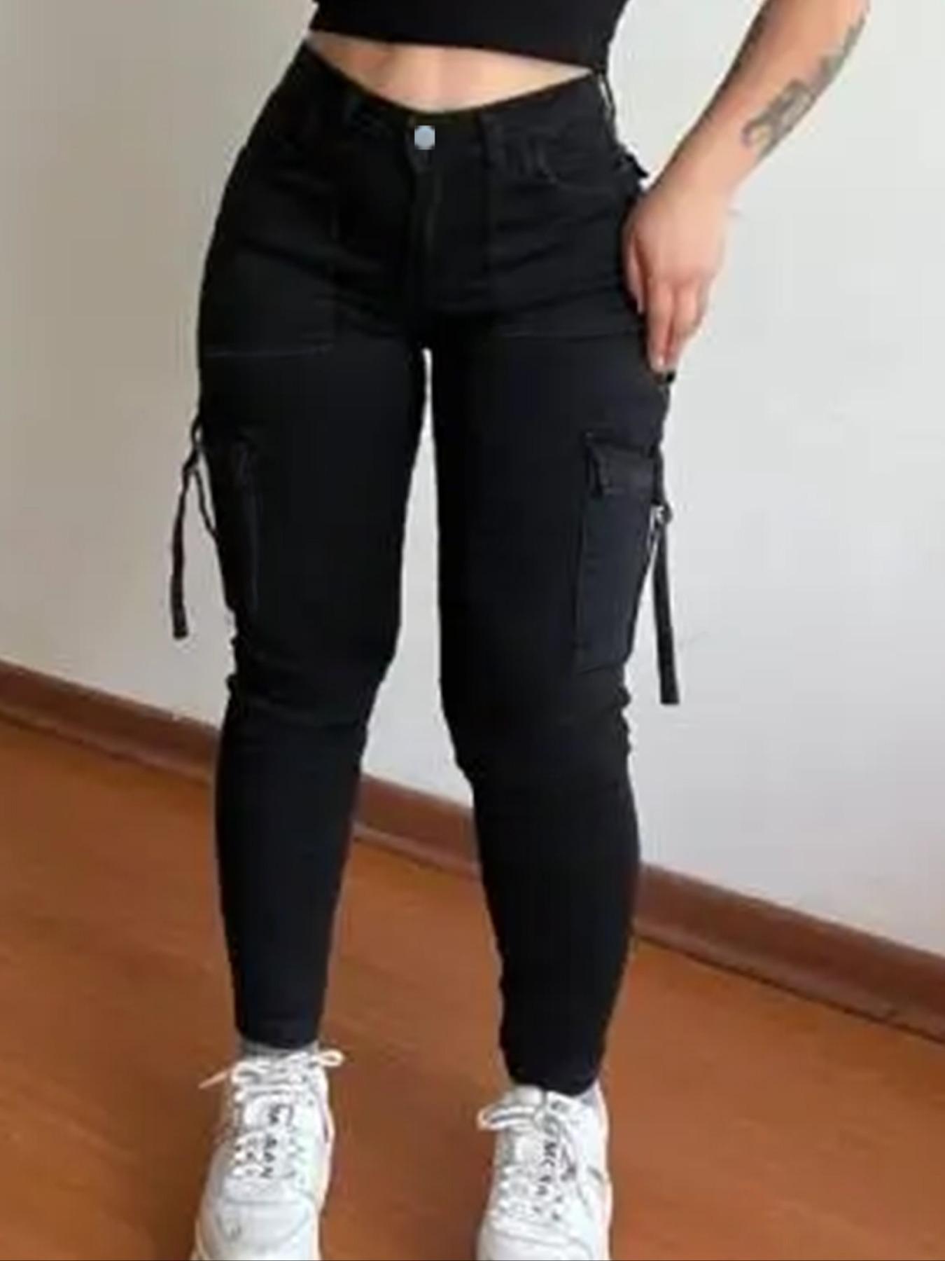 Women's Plain Multi-pocket Denim Elastic Slim Fit Button Cargo Pants, Casual Street Trousers for Everyday Wear, Ladies' Bottoms for All Seasons, Jeans with Pockets, Womenswear