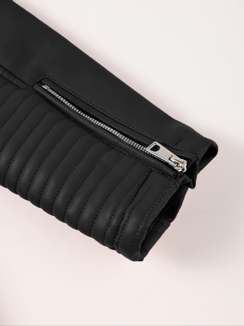 Women's Plus Size Plain PU Jacket with Zipper, Casual Fitted Outerwear for Spring & Fall